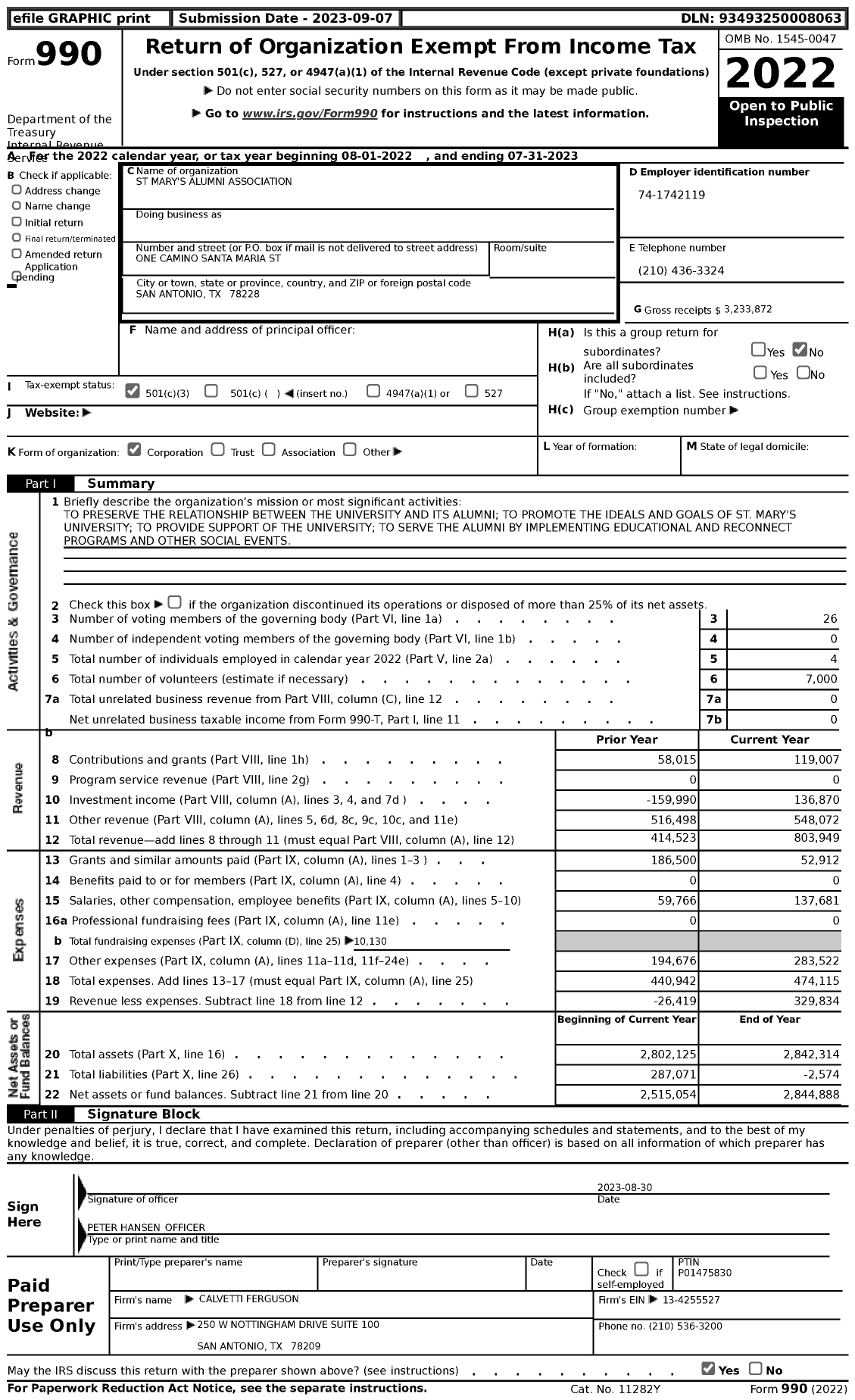 Image of first page of 2022 Form 990 for St Mary's Alumni Association