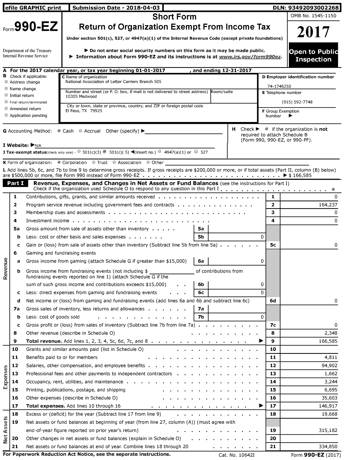 Image of first page of 2017 Form 990EZ for National Association of Letter Carriers Branch 505