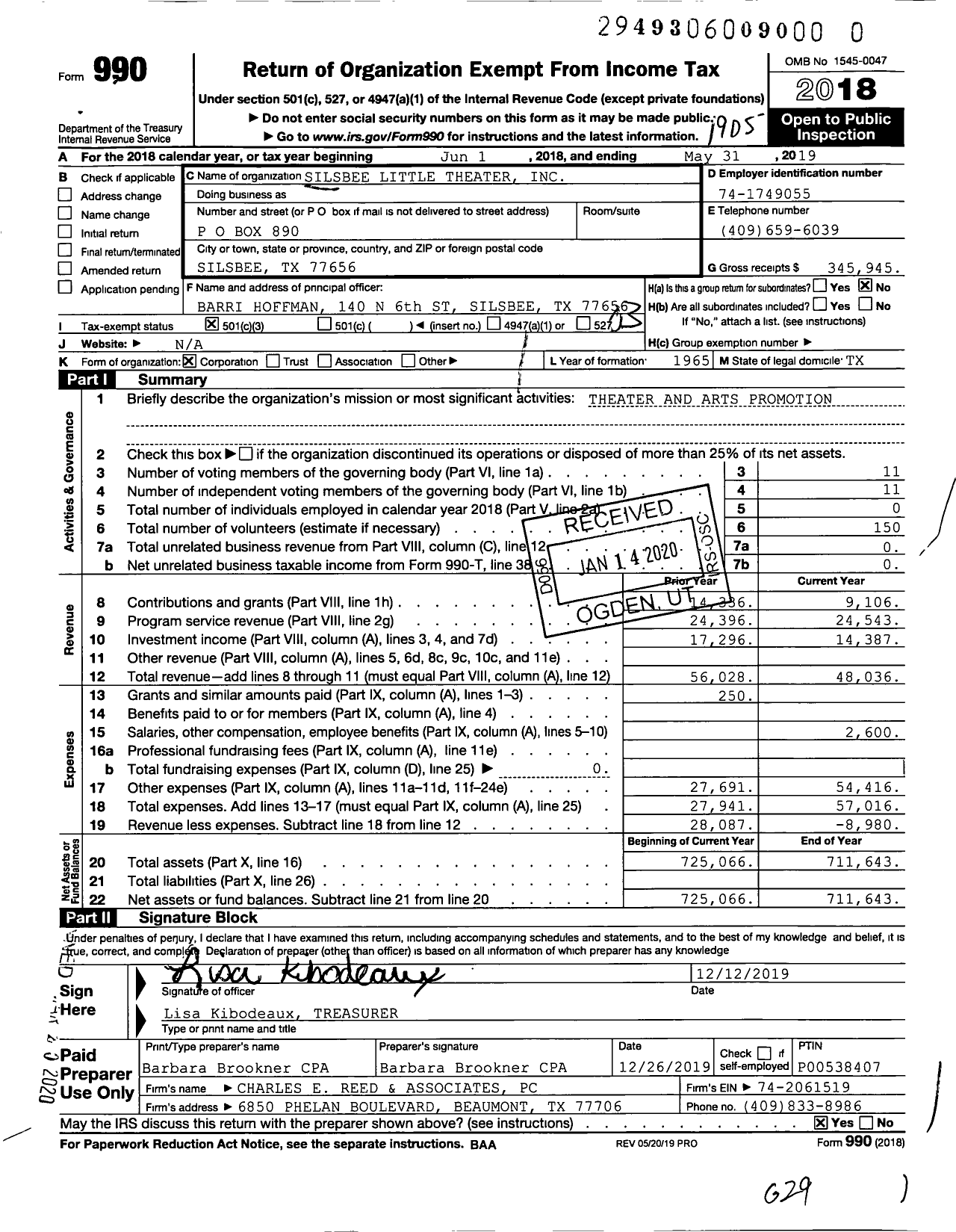 Image of first page of 2018 Form 990 for Silsbee Little Theater Inc of Silsbee Texas