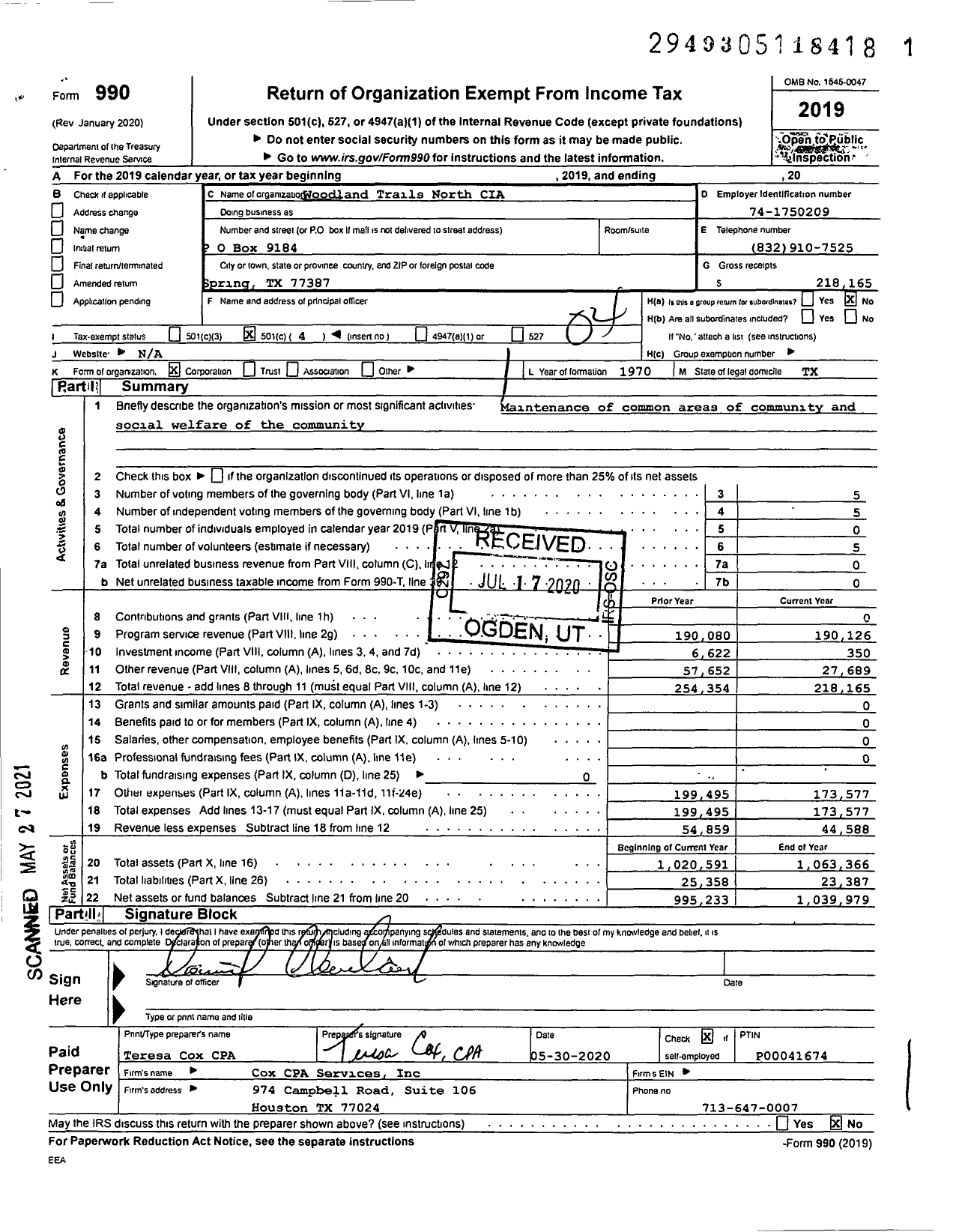 Image of first page of 2019 Form 990O for Woodland Trails North CIA