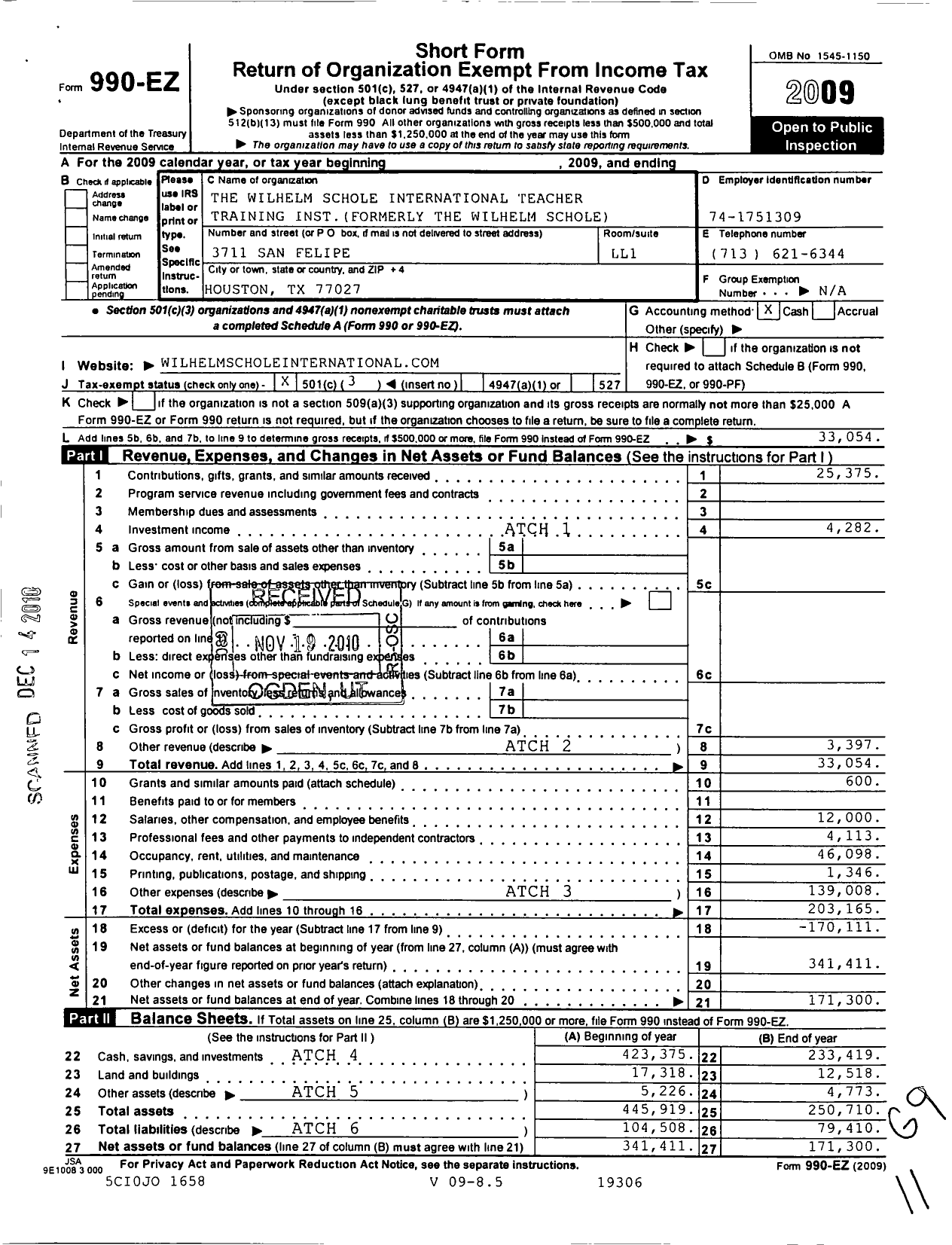 Image of first page of 2009 Form 990EZ for The Wilhelm Schole International Teacher Training Institute