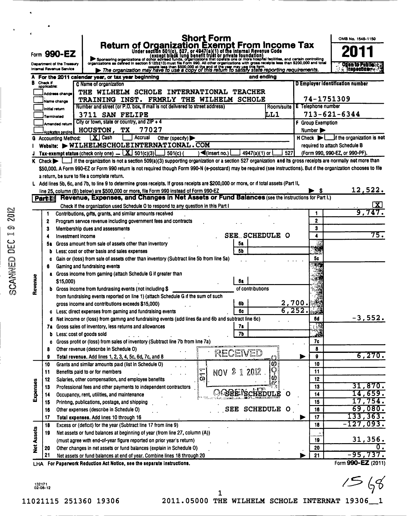 Image of first page of 2011 Form 990EZ for The Wilhelm Schole International Teacher Training Institute