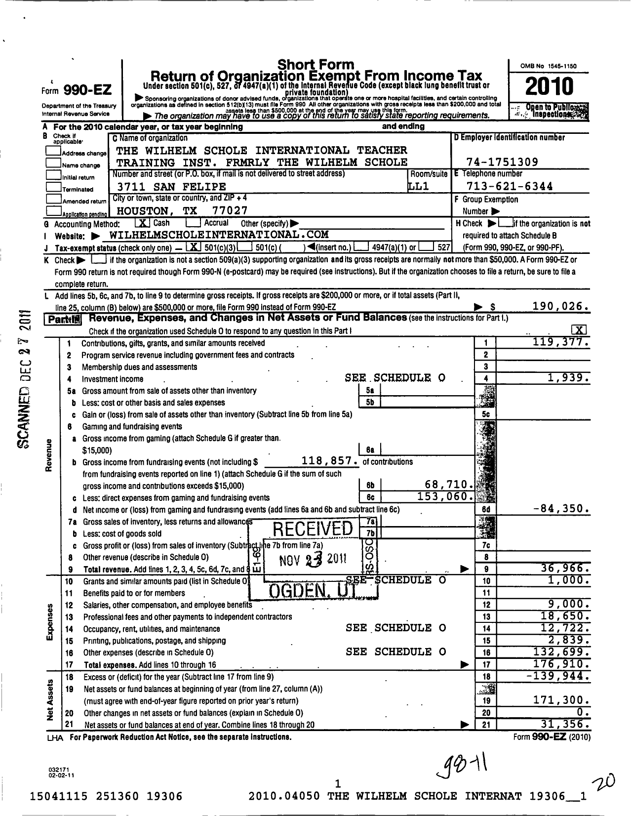 Image of first page of 2010 Form 990EZ for The Wilhelm Schole International Teacher Training Institute