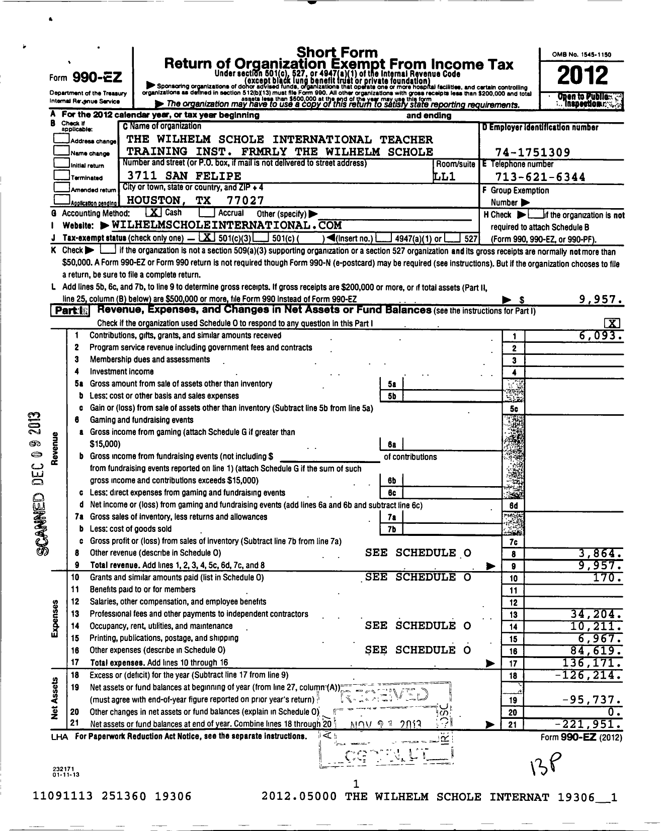 Image of first page of 2012 Form 990EZ for The Wilhelm Schole International Teacher Training Institute