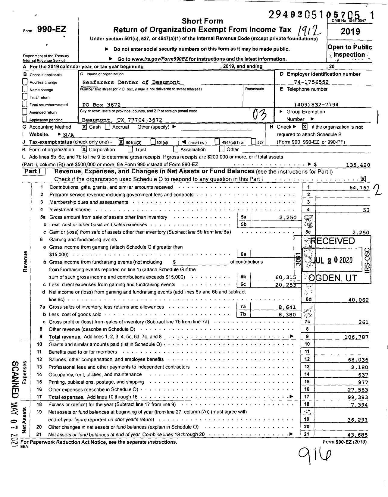 Image of first page of 2019 Form 990EZ for Seafarers Center of Beaumont