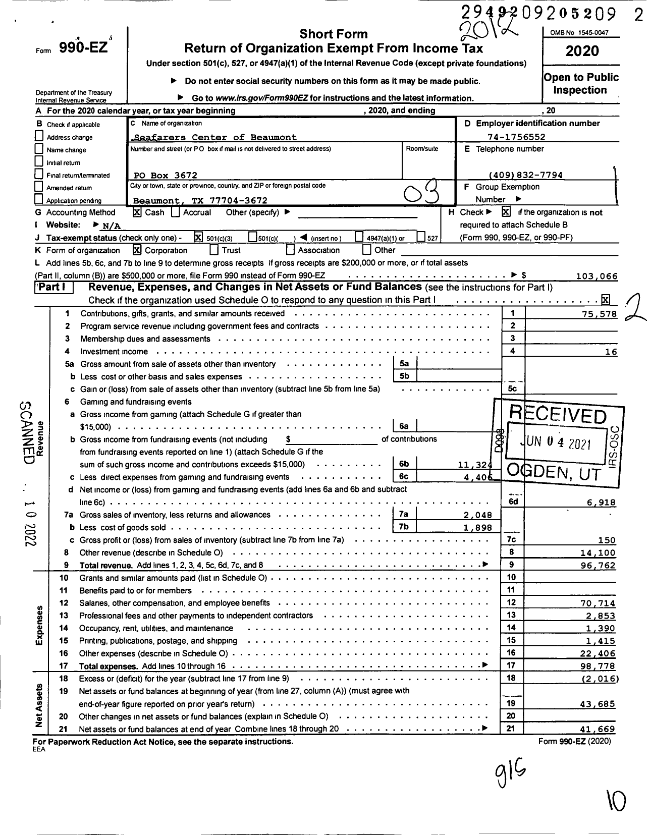 Image of first page of 2020 Form 990EZ for Seafarers Center of Beaumont