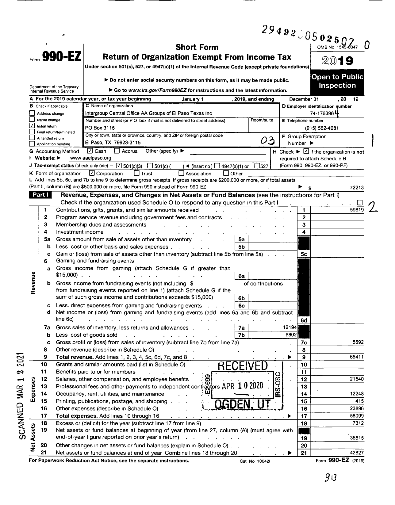 Image of first page of 2019 Form 990EZ for Intergroup Central Office AA Groups of El Paso Texas