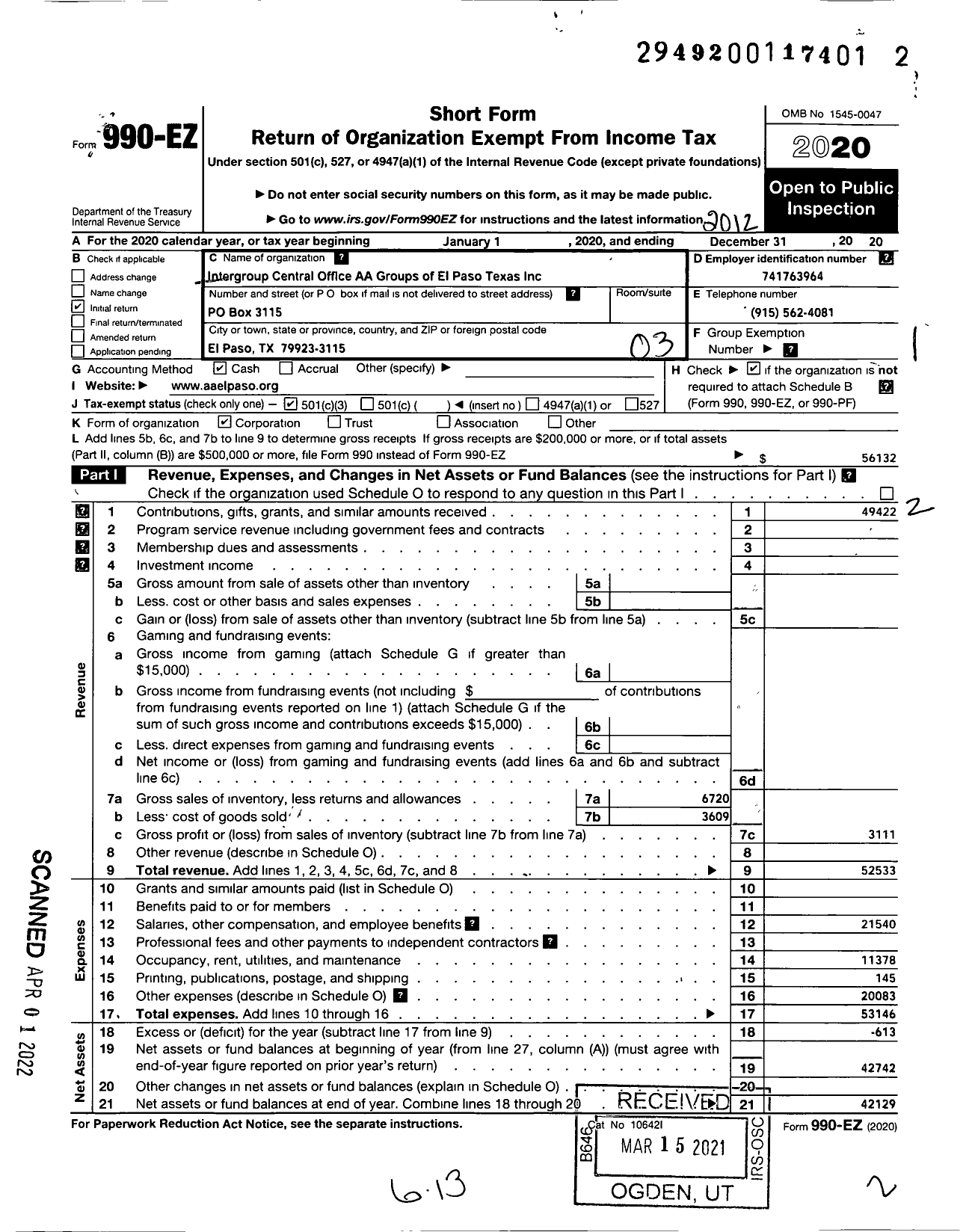 Image of first page of 2020 Form 990EZ for Intergroup Central Office AA Groups of El Paso Texas