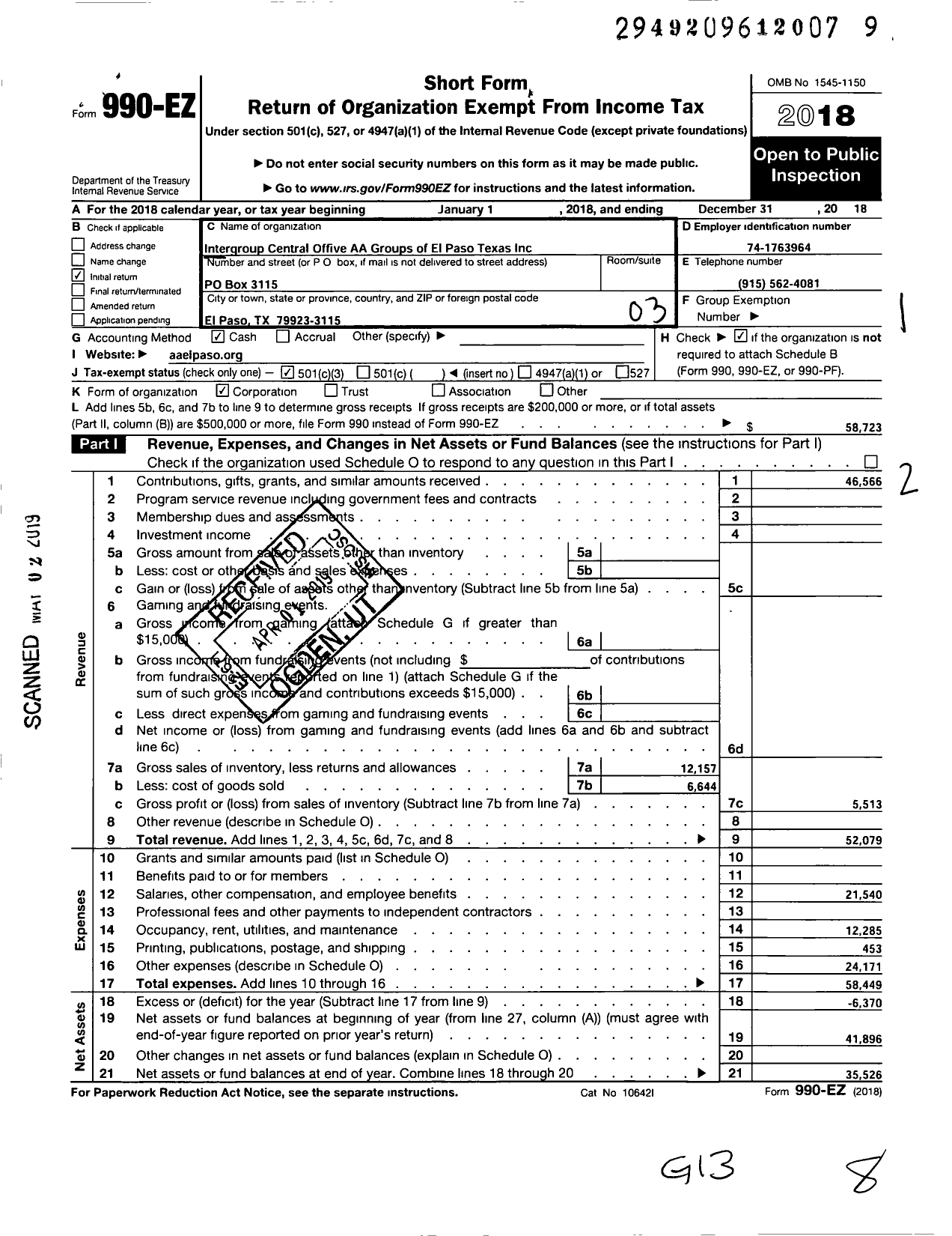 Image of first page of 2018 Form 990EZ for Intergroup Central Office AA Groups of El Paso Texas