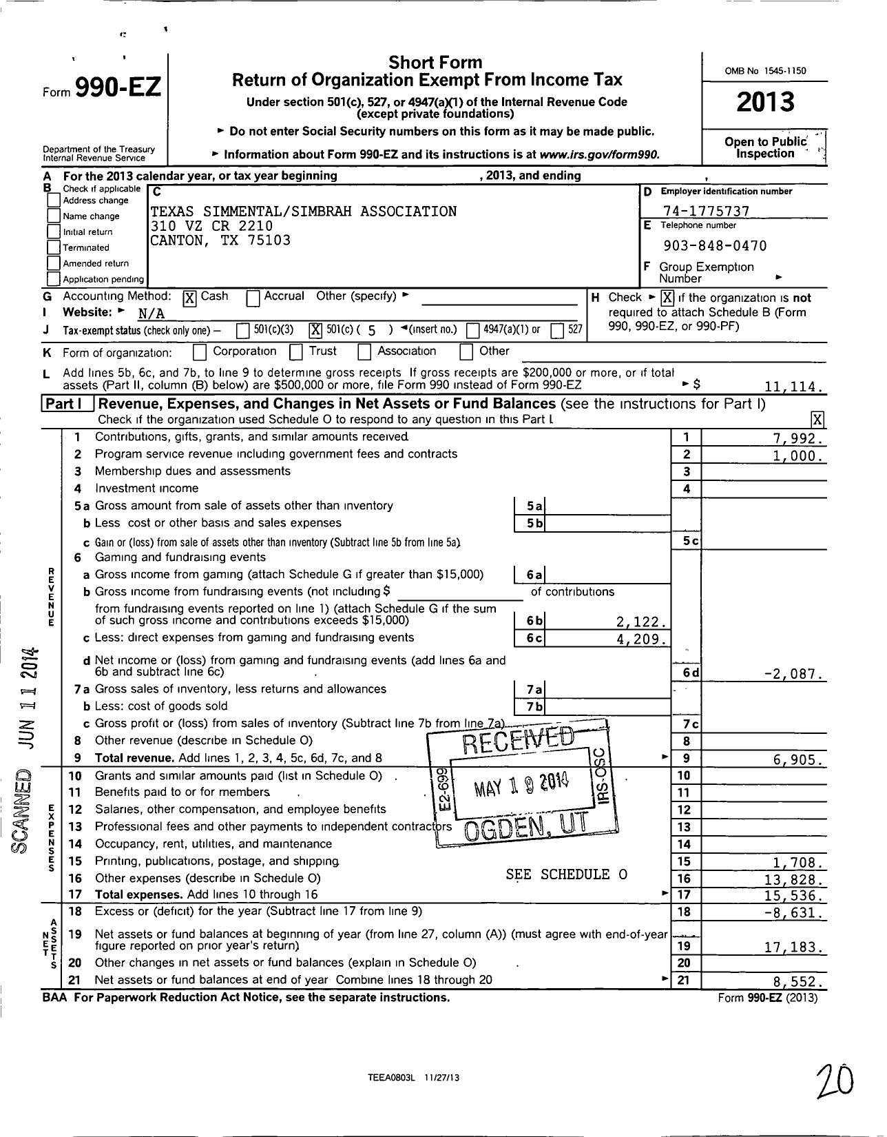 Image of first page of 2013 Form 990EO for Texas Simmental Simbrah Association