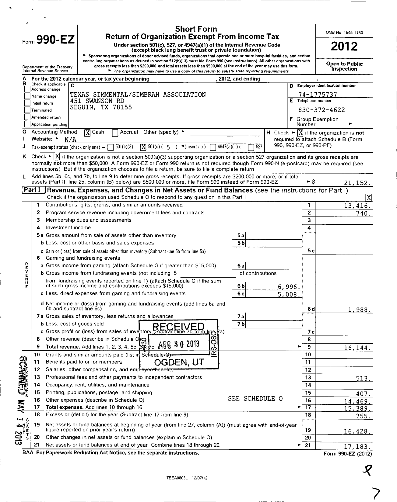 Image of first page of 2012 Form 990EO for Texas Simmental Simbrah Association