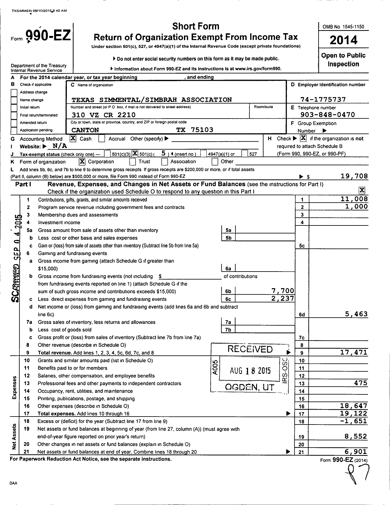 Image of first page of 2014 Form 990EO for Texas Simmental Simbrah Association