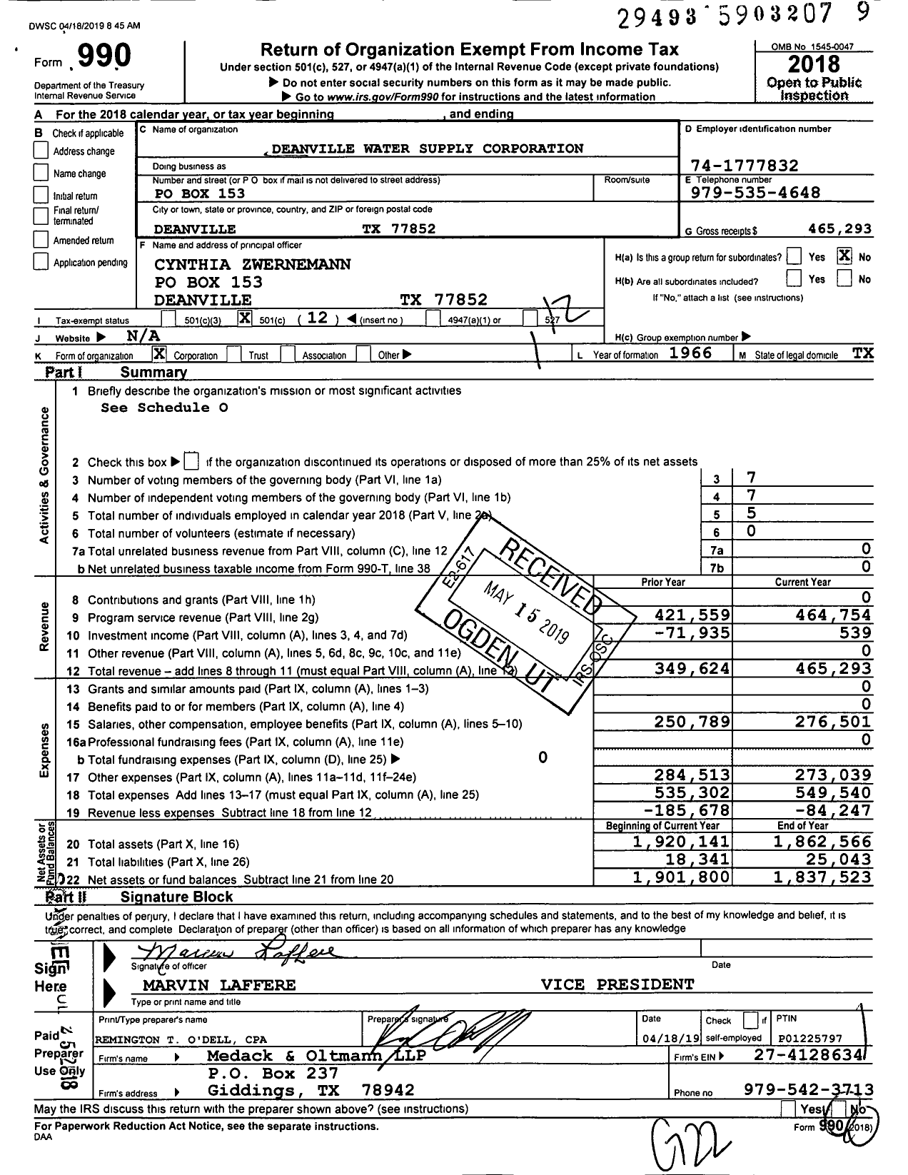 Image of first page of 2018 Form 990O for Deanville Water Supply Corporation