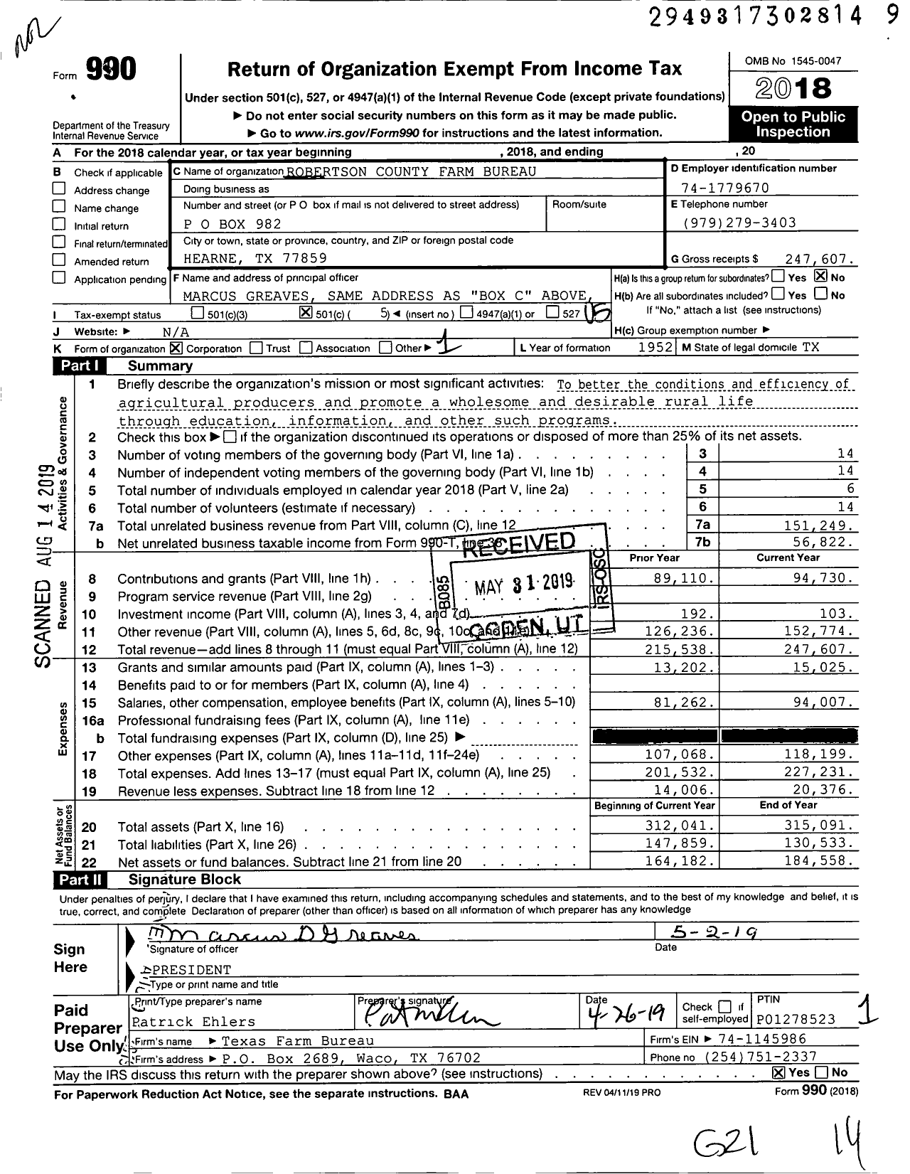 Image of first page of 2018 Form 990O for Robertson County Farm Bureau
