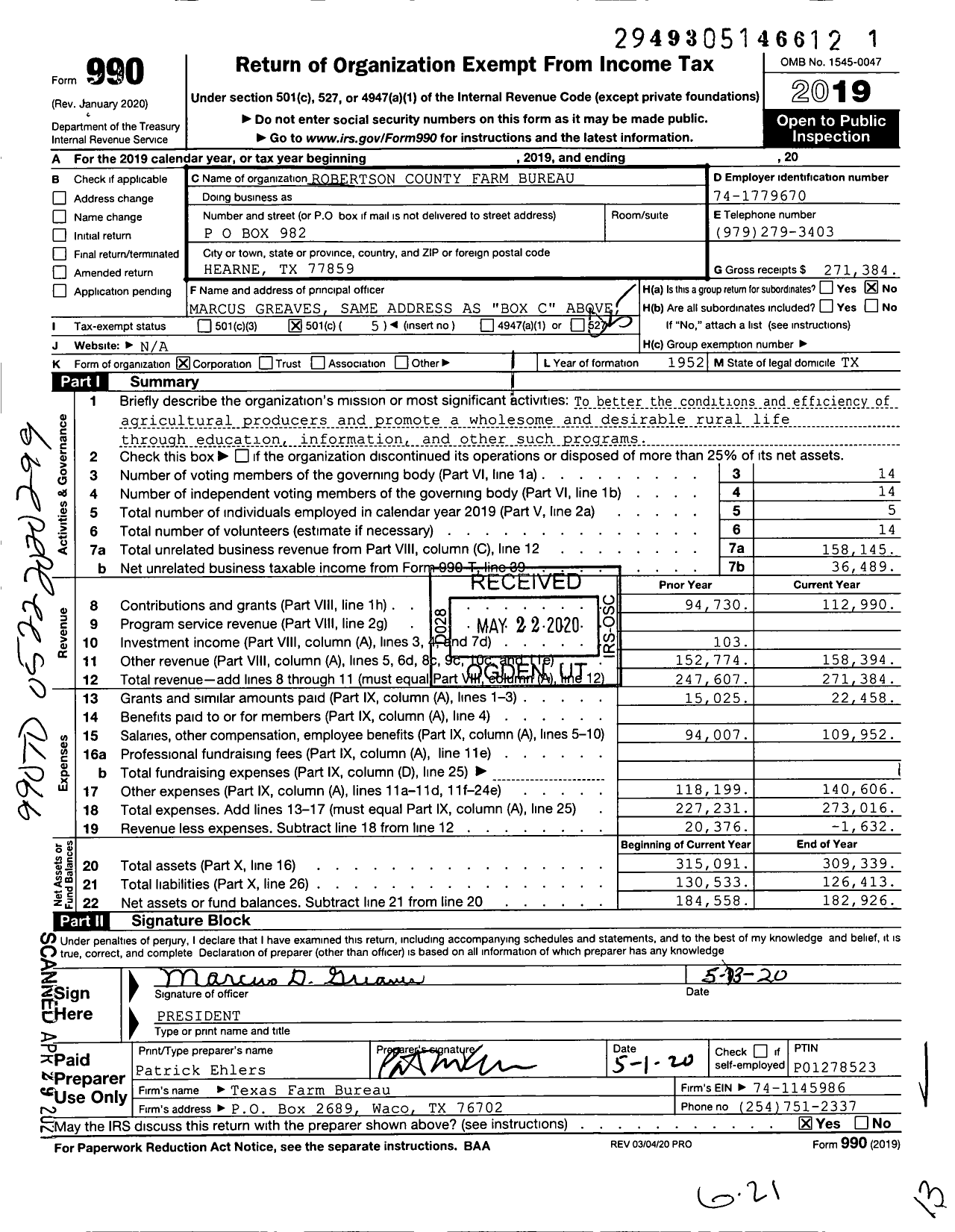 Image of first page of 2019 Form 990O for Robertson County Farm Bureau