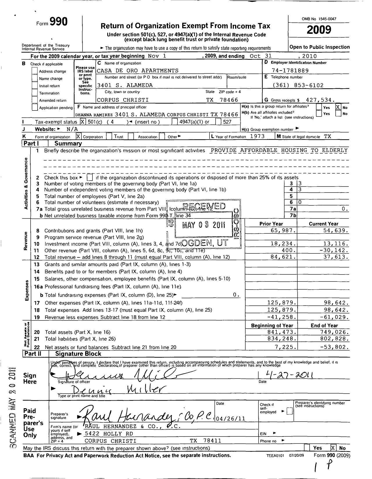 Image of first page of 2009 Form 990O for Casa de Oro Apartments