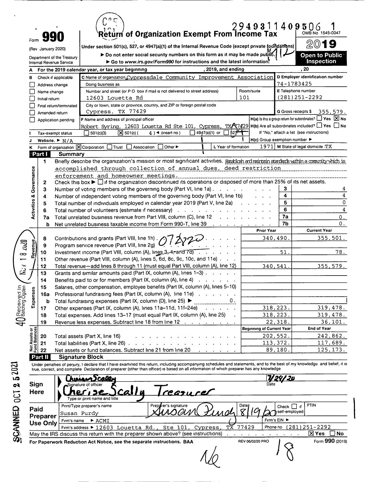 Image of first page of 2019 Form 990O for Cypressdale Community Improvement Association