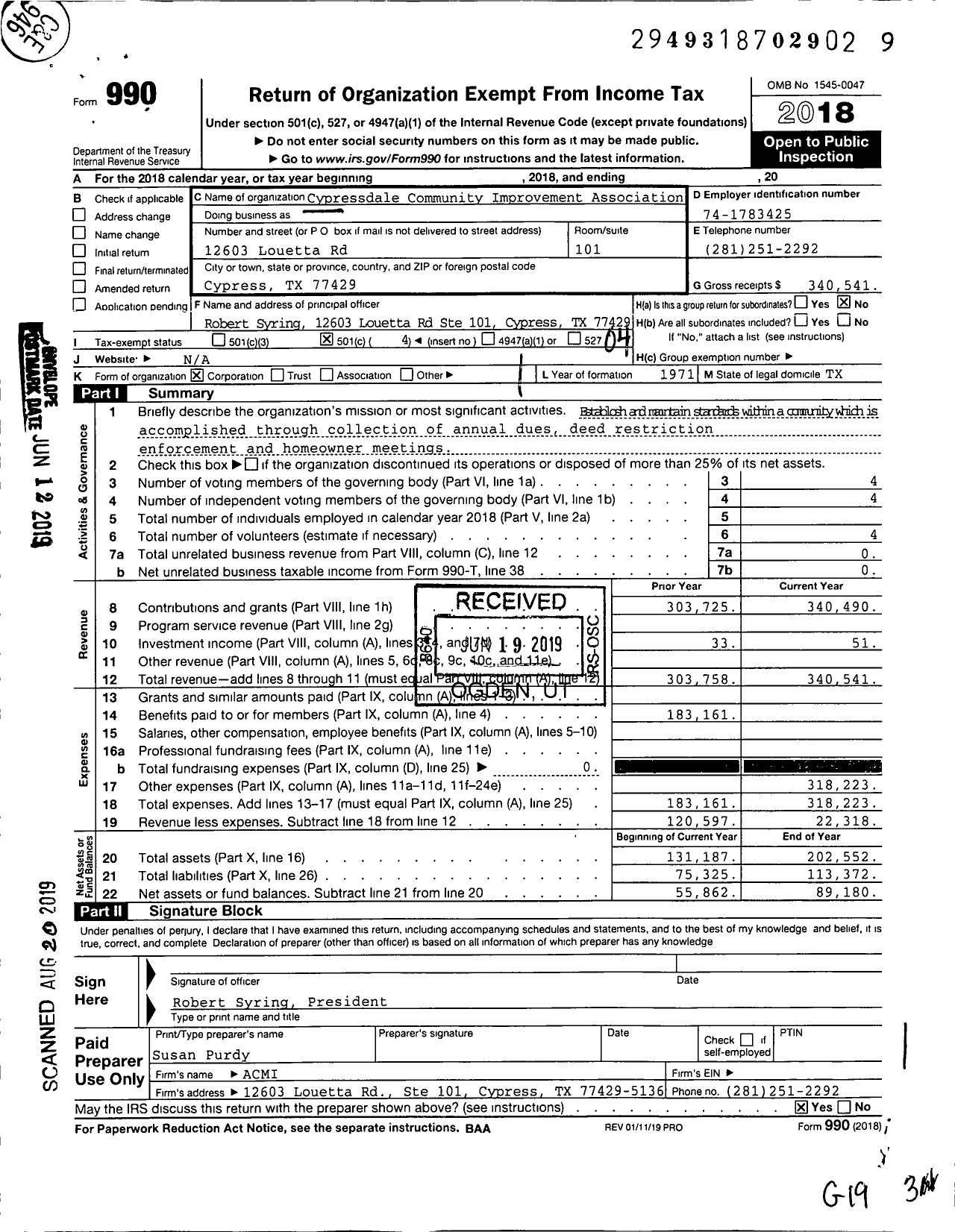 Image of first page of 2018 Form 990O for Cypressdale Community Improvement Association