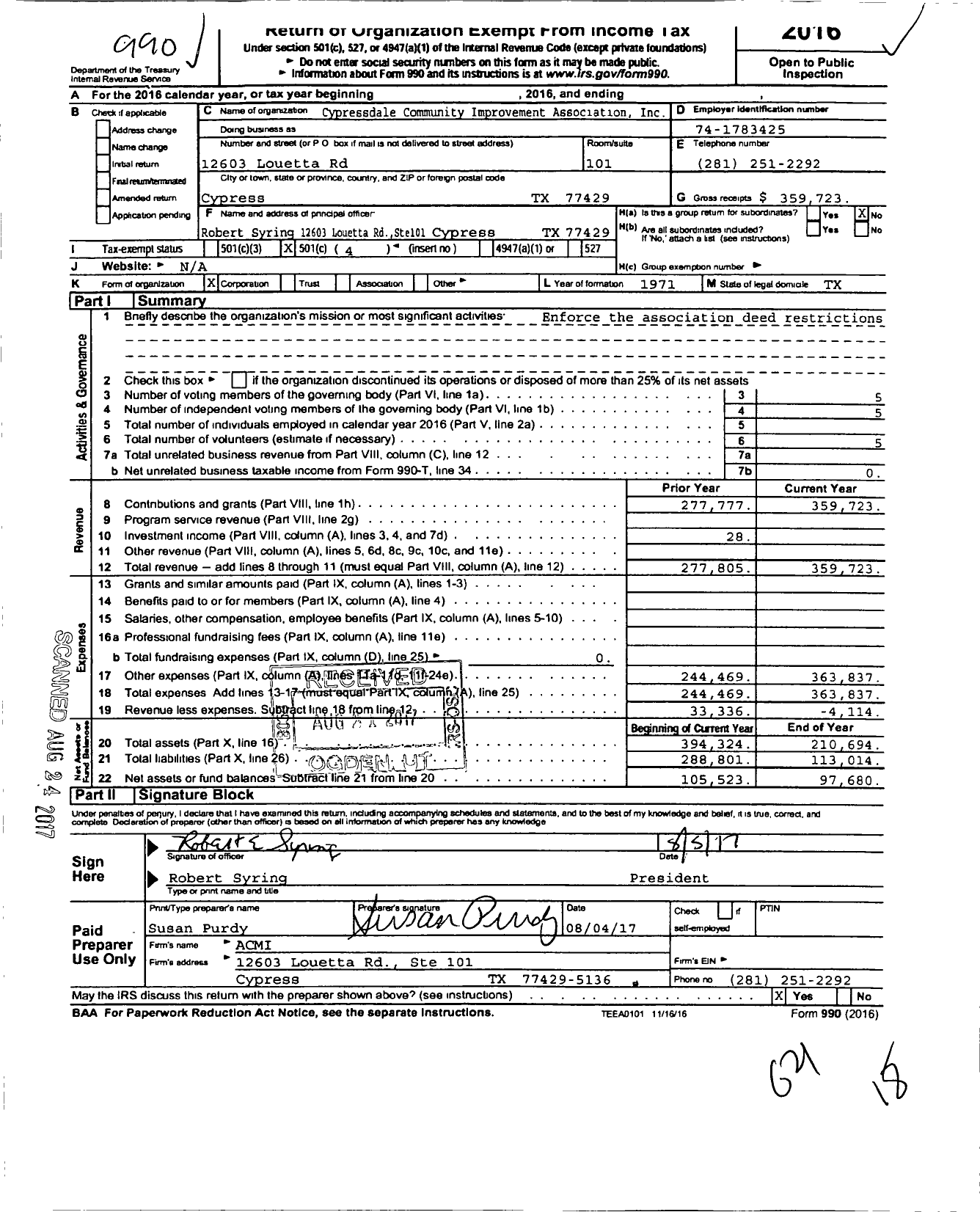 Image of first page of 2016 Form 990O for Cypressdale Community Improvement Association