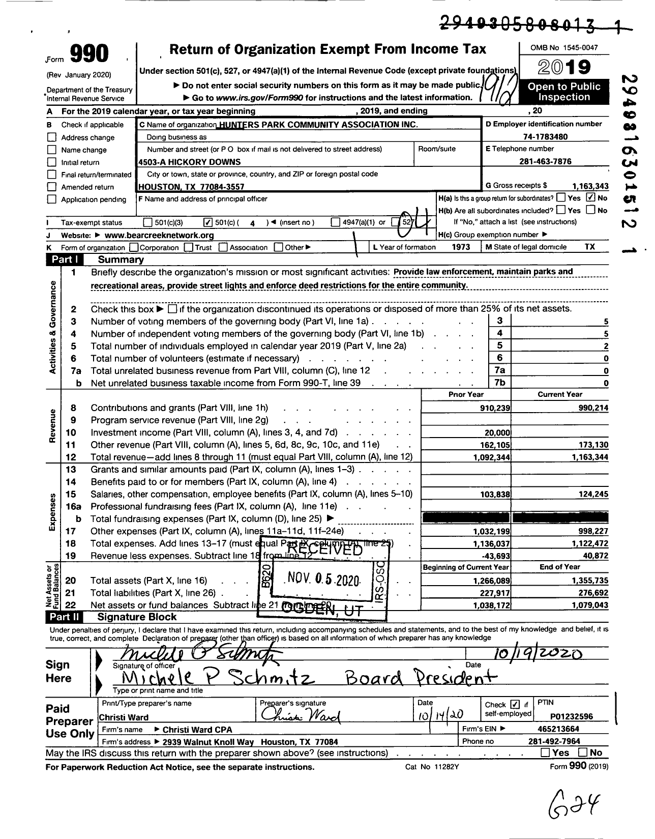 Image of first page of 2019 Form 990O for Hunters Park Community Association