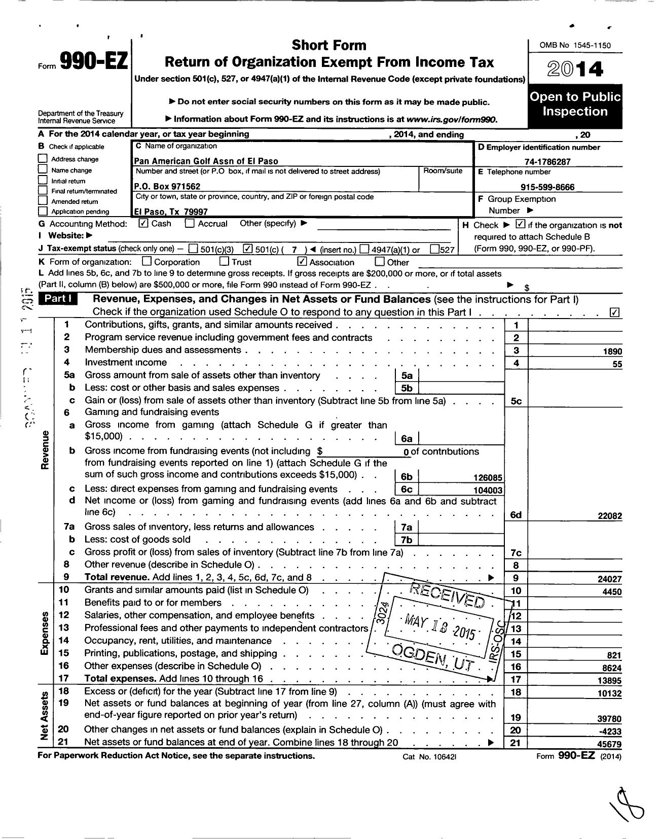 Image of first page of 2014 Form 990EO for Pan American Golf Association of El Paso