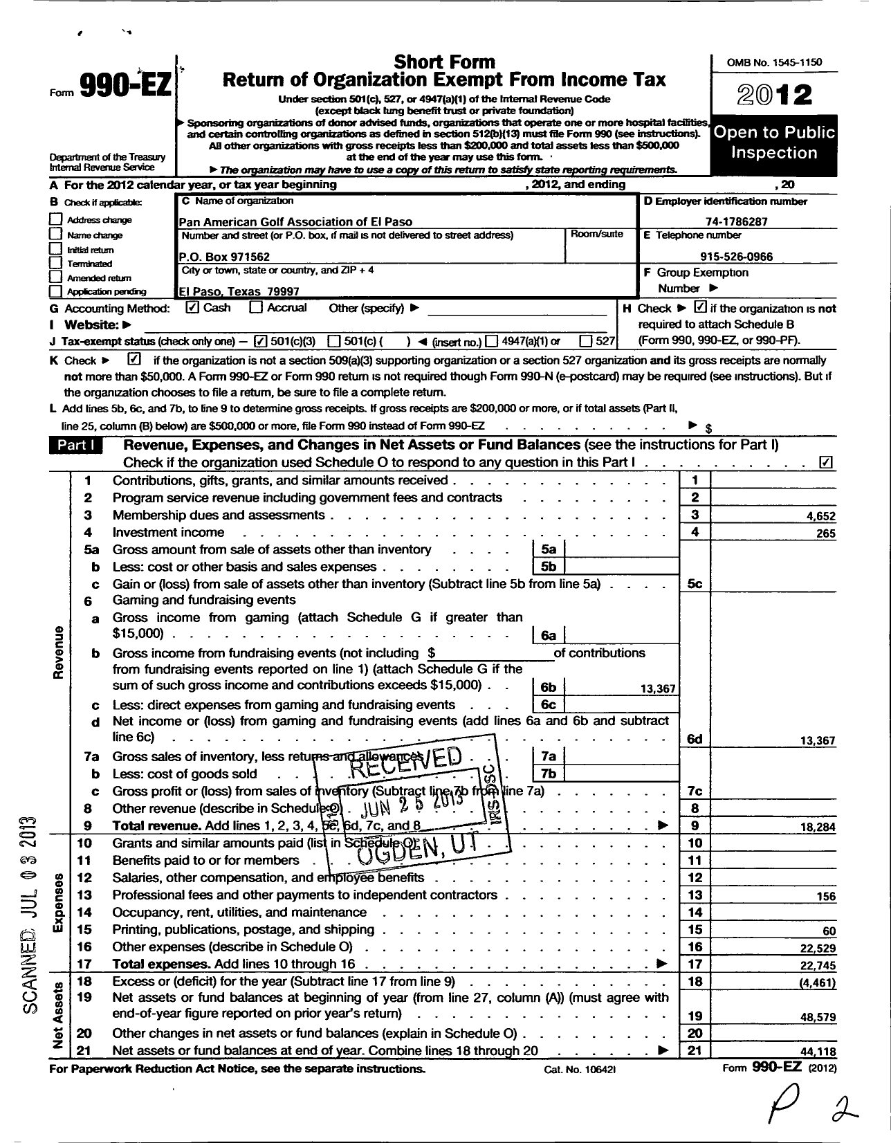 Image of first page of 2012 Form 990EZ for Pan American Golf Association of El Paso