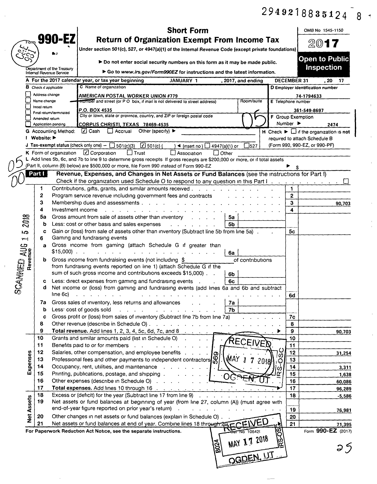 Image of first page of 2017 Form 990EO for American Postal Workers Union 779