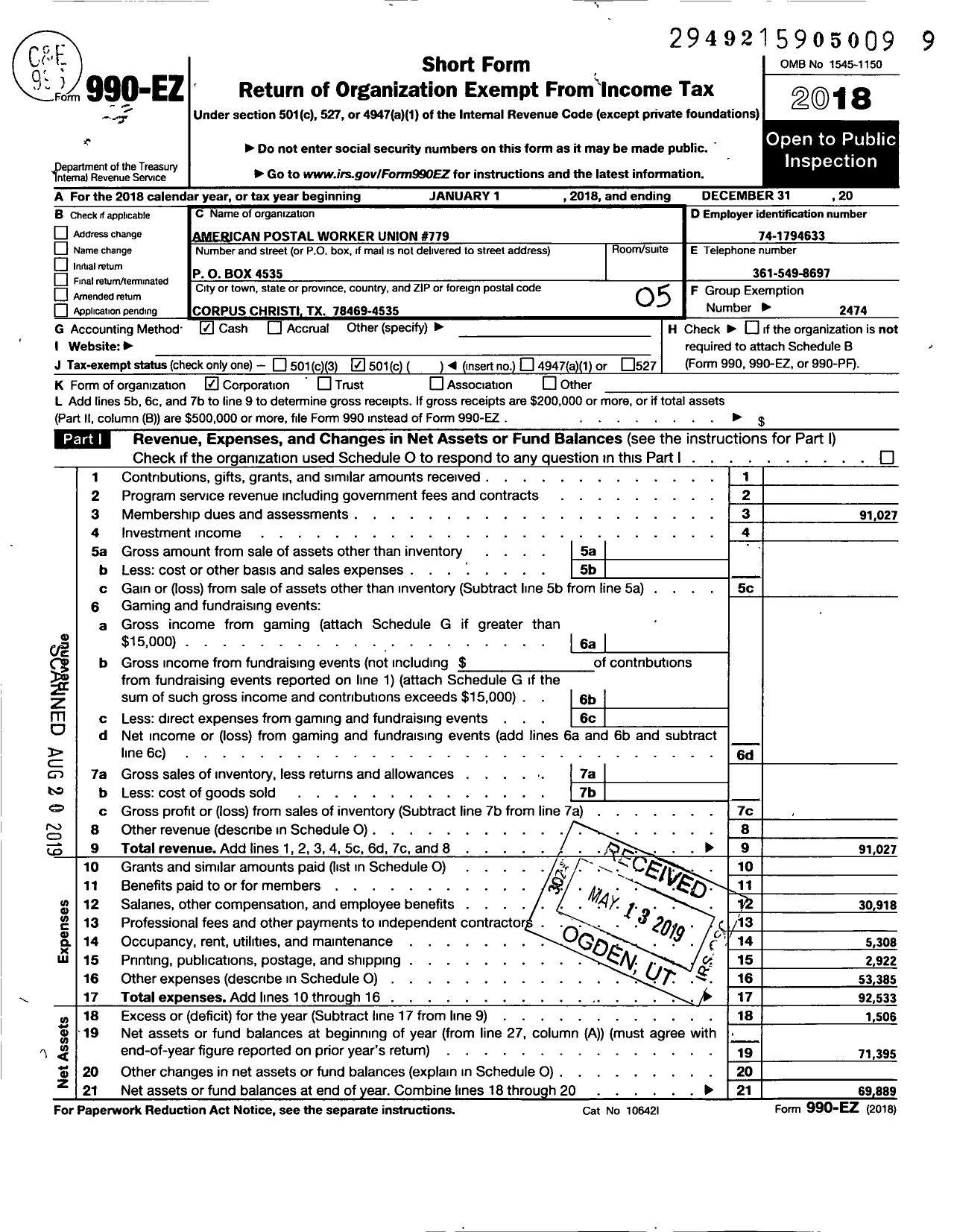 Image of first page of 2018 Form 990EO for American Postal Workers Union 779