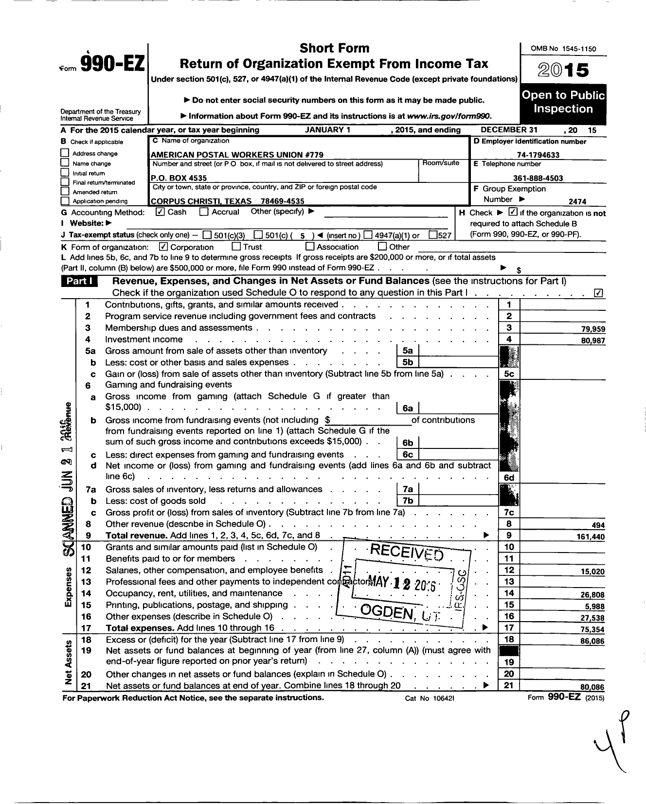 Image of first page of 2015 Form 990EO for American Postal Workers Union 779