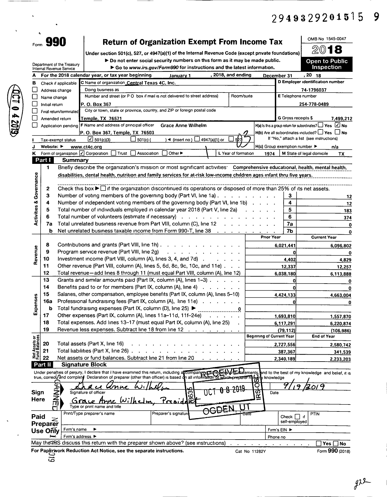Image of first page of 2018 Form 990 for Central Texas 4C