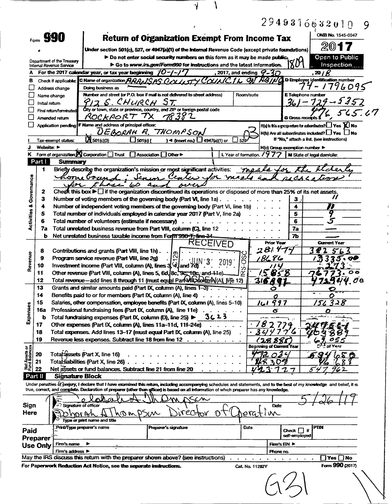 Image of first page of 2017 Form 990 for The Aransas County Council on Aging