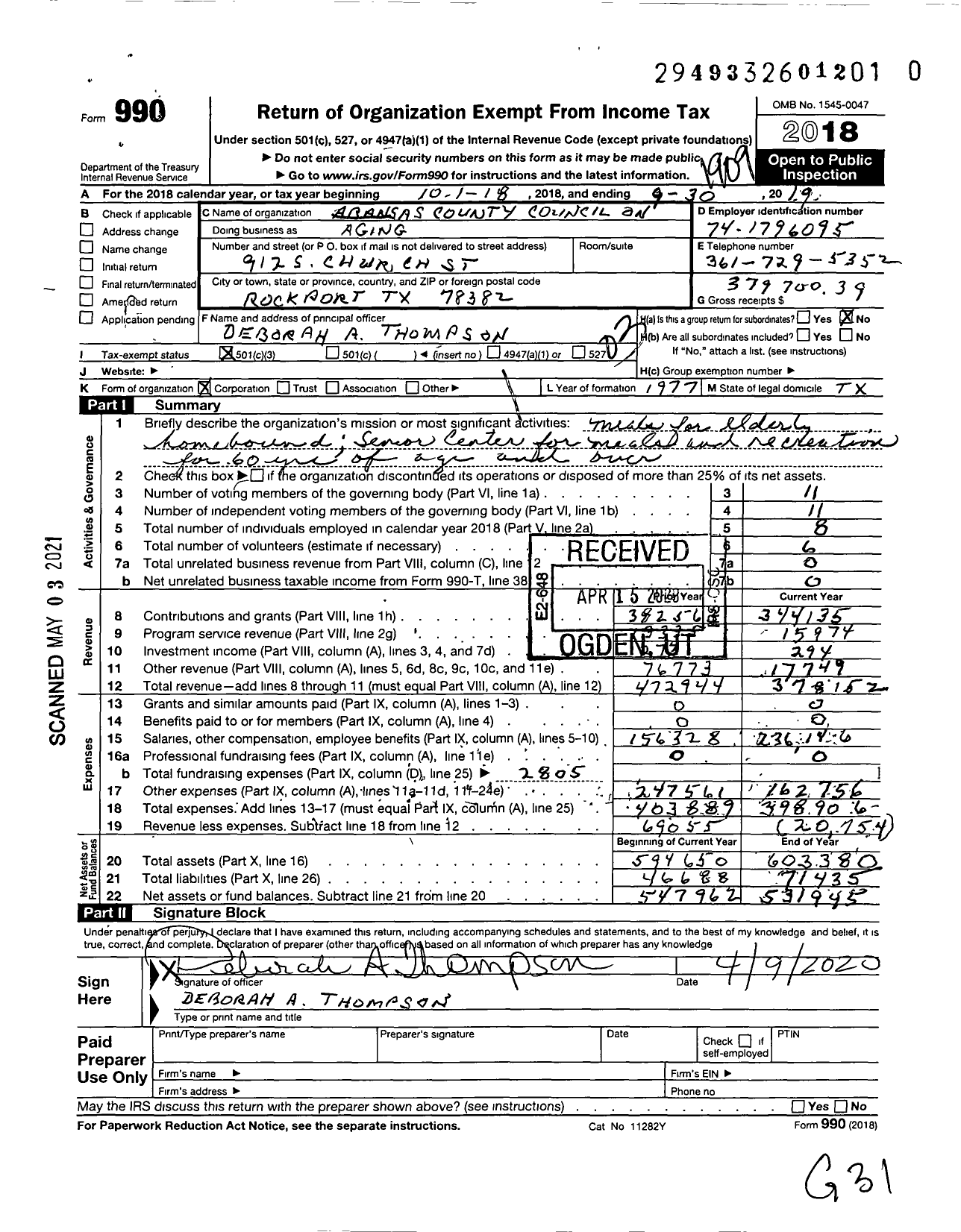 Image of first page of 2018 Form 990 for The Aransas County Council on Aging