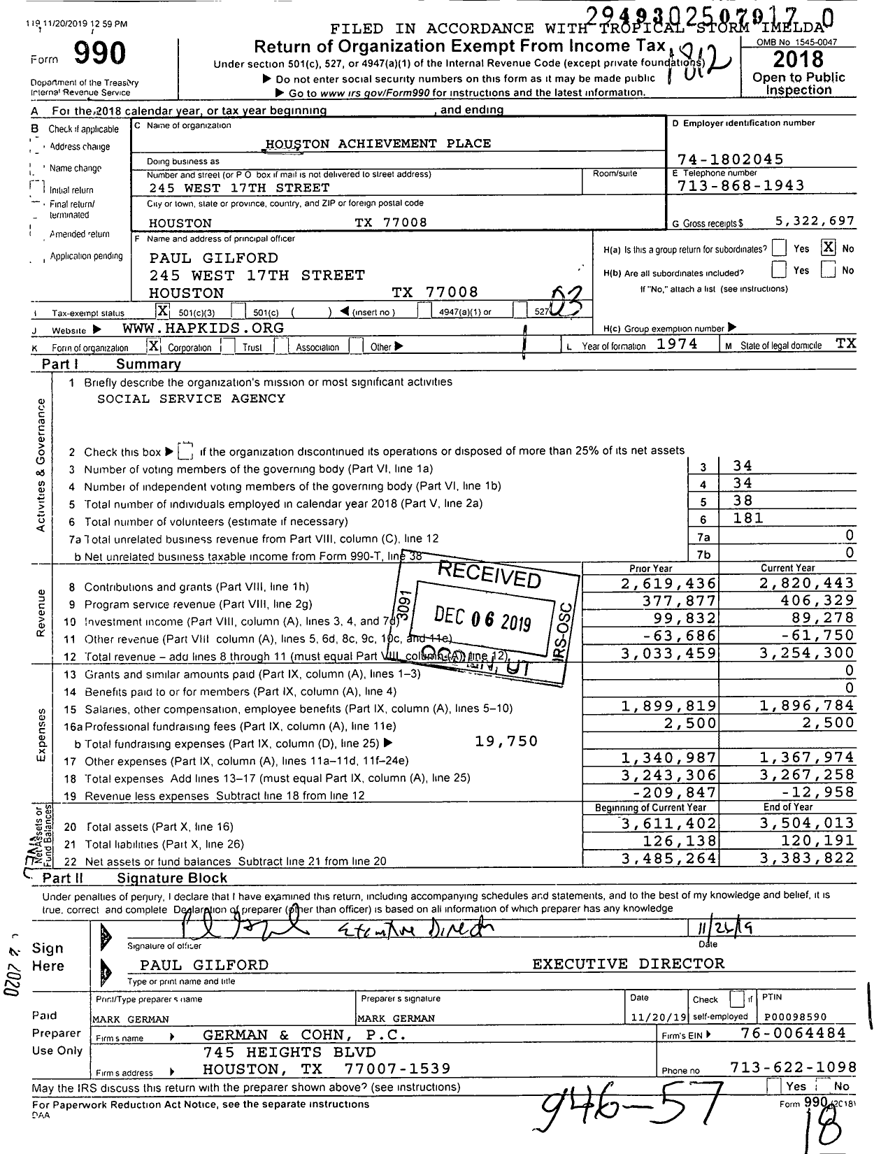 Image of first page of 2018 Form 990 for Houston Achievement Place (HAP)