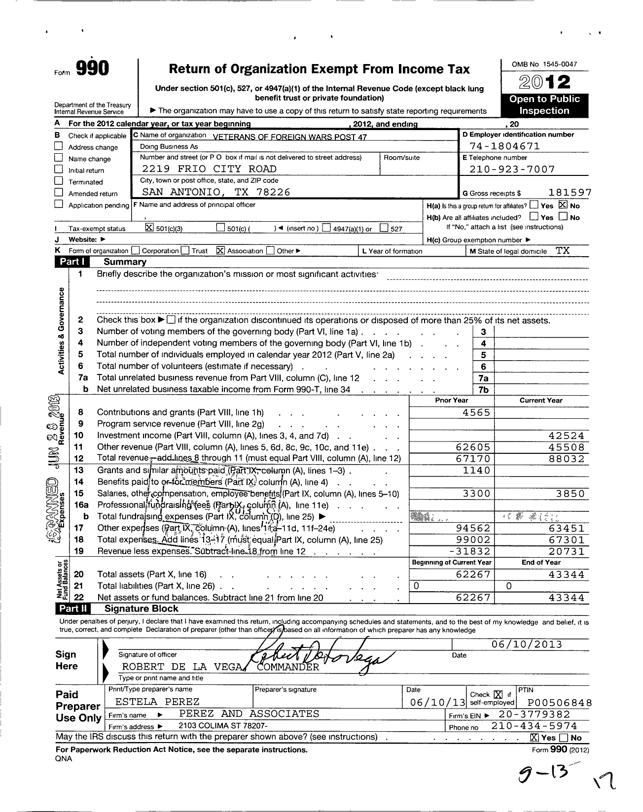 Image of first page of 2012 Form 990 for Texas VFW - 4700 SGT William J Bordelon