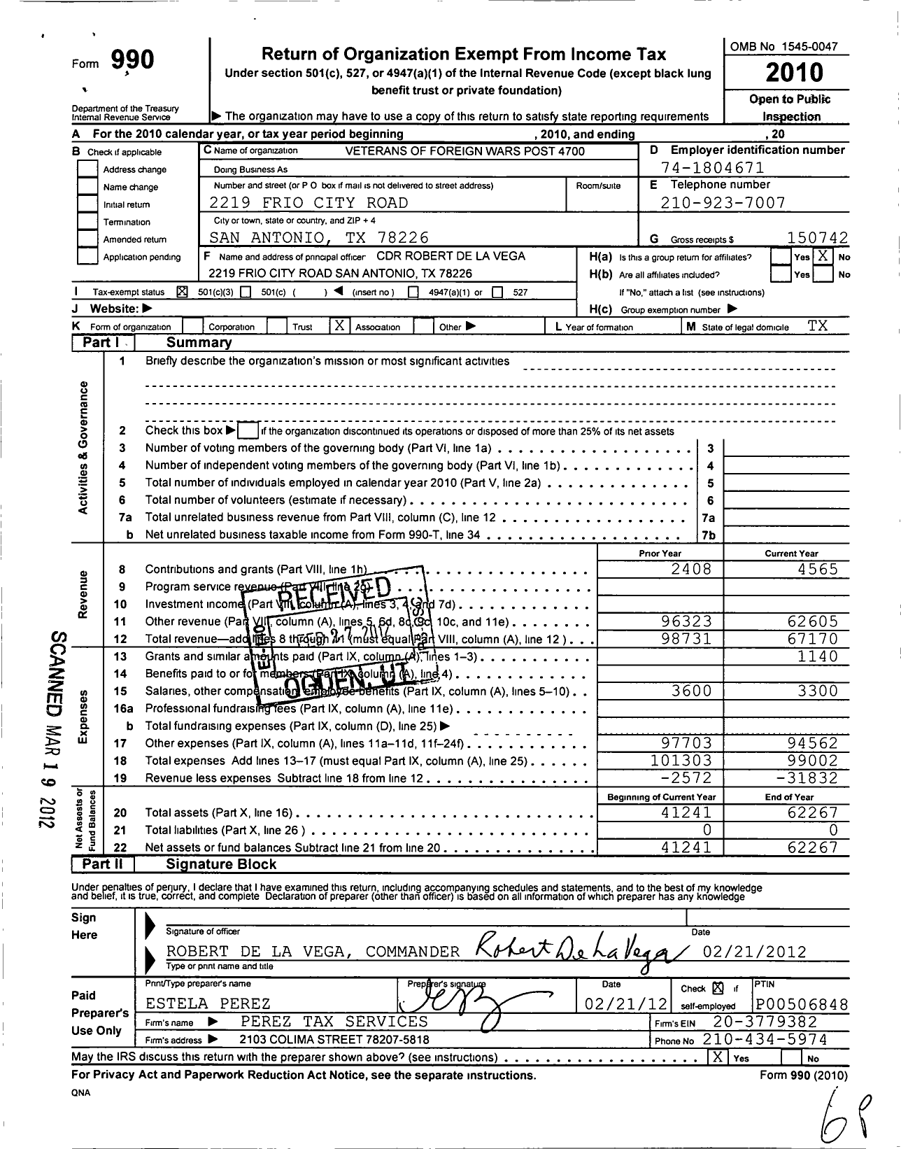 Image of first page of 2010 Form 990 for Texas VFW - 4700 SGT William J Bordelon