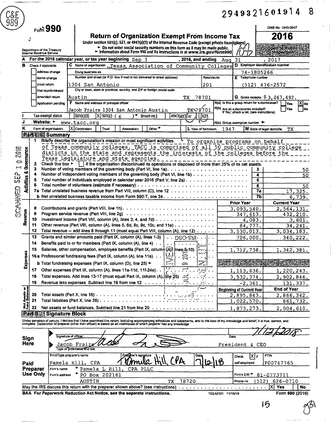 Image of first page of 2016 Form 990O for Texas Association of Community Colleges