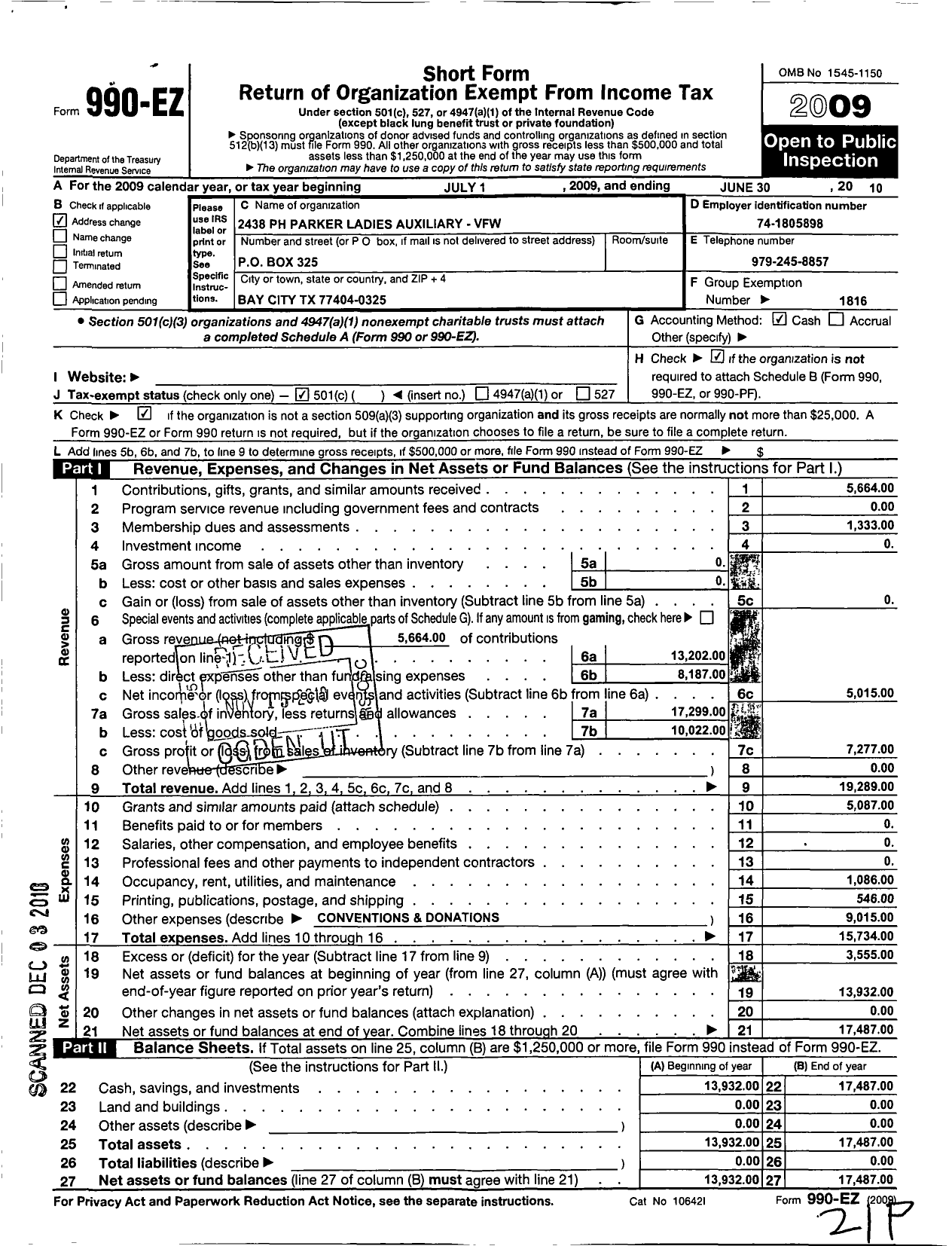 Image of first page of 2009 Form 990EO for Veterans of Foreign Wars of the Us Dept of Texas Auxiliary - 2438 Philip H Parker VFW Auxiliary