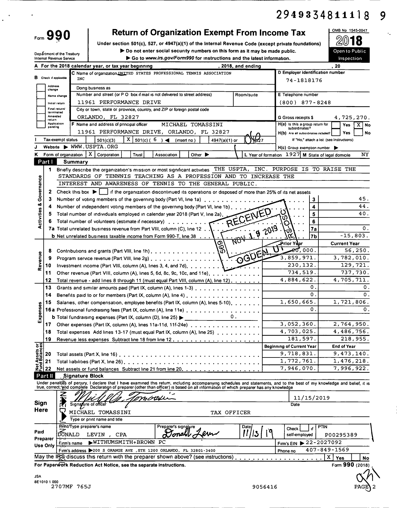 Image of first page of 2018 Form 990O for United States Professional Tennis Association