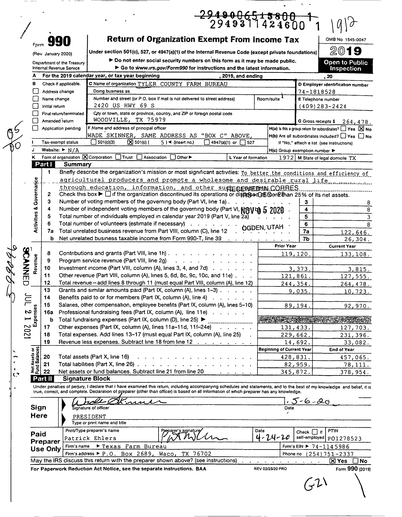 Image of first page of 2019 Form 990O for Tyler County Farm Bureau