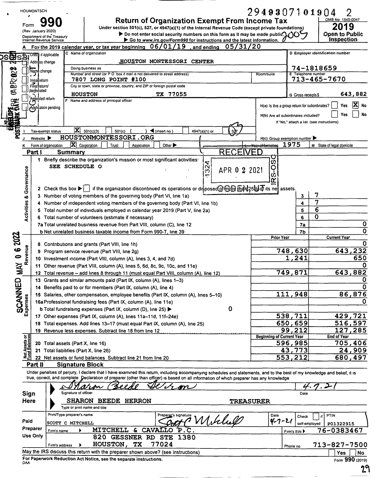 Image of first page of 2019 Form 990 for Houston Montessori Center