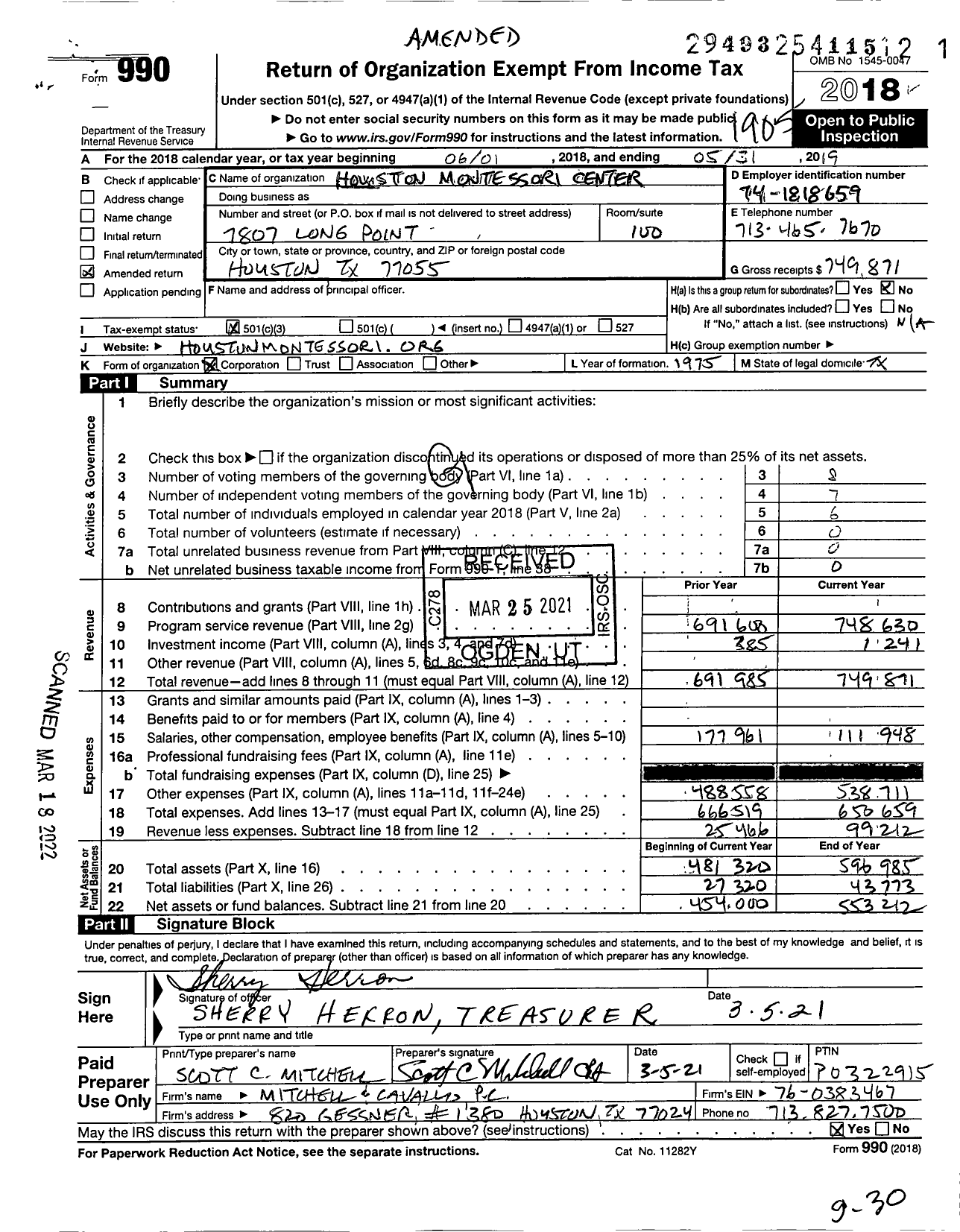 Image of first page of 2018 Form 990 for Houston Montessori Center