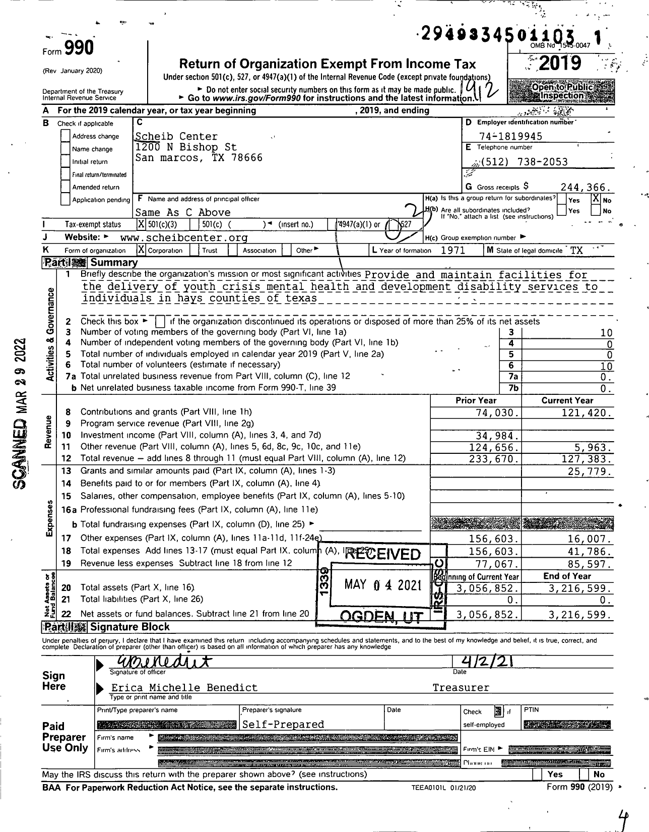 Image of first page of 2019 Form 990 for Scheib Center