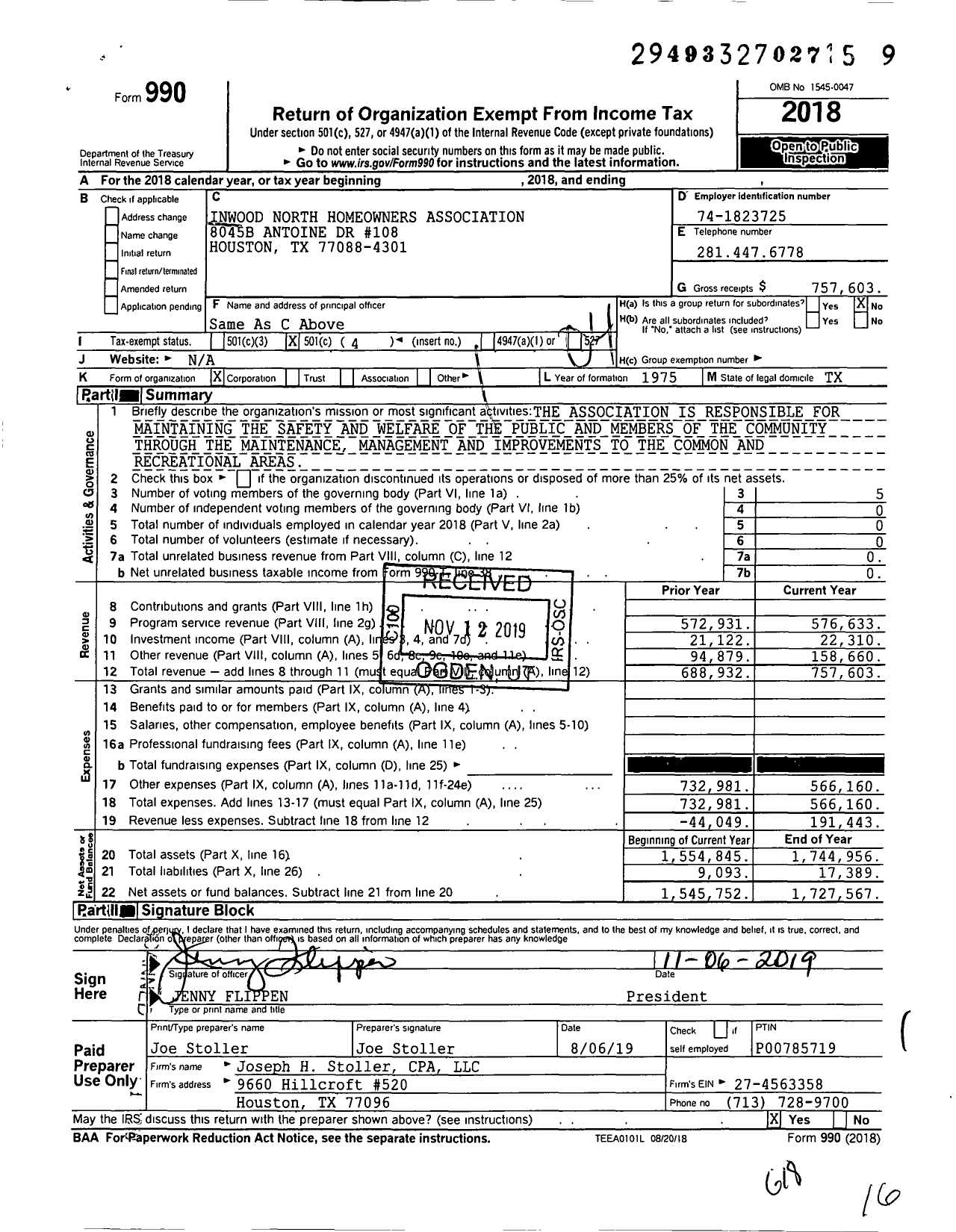 Image of first page of 2018 Form 990O for Inwood North Homeowners Association