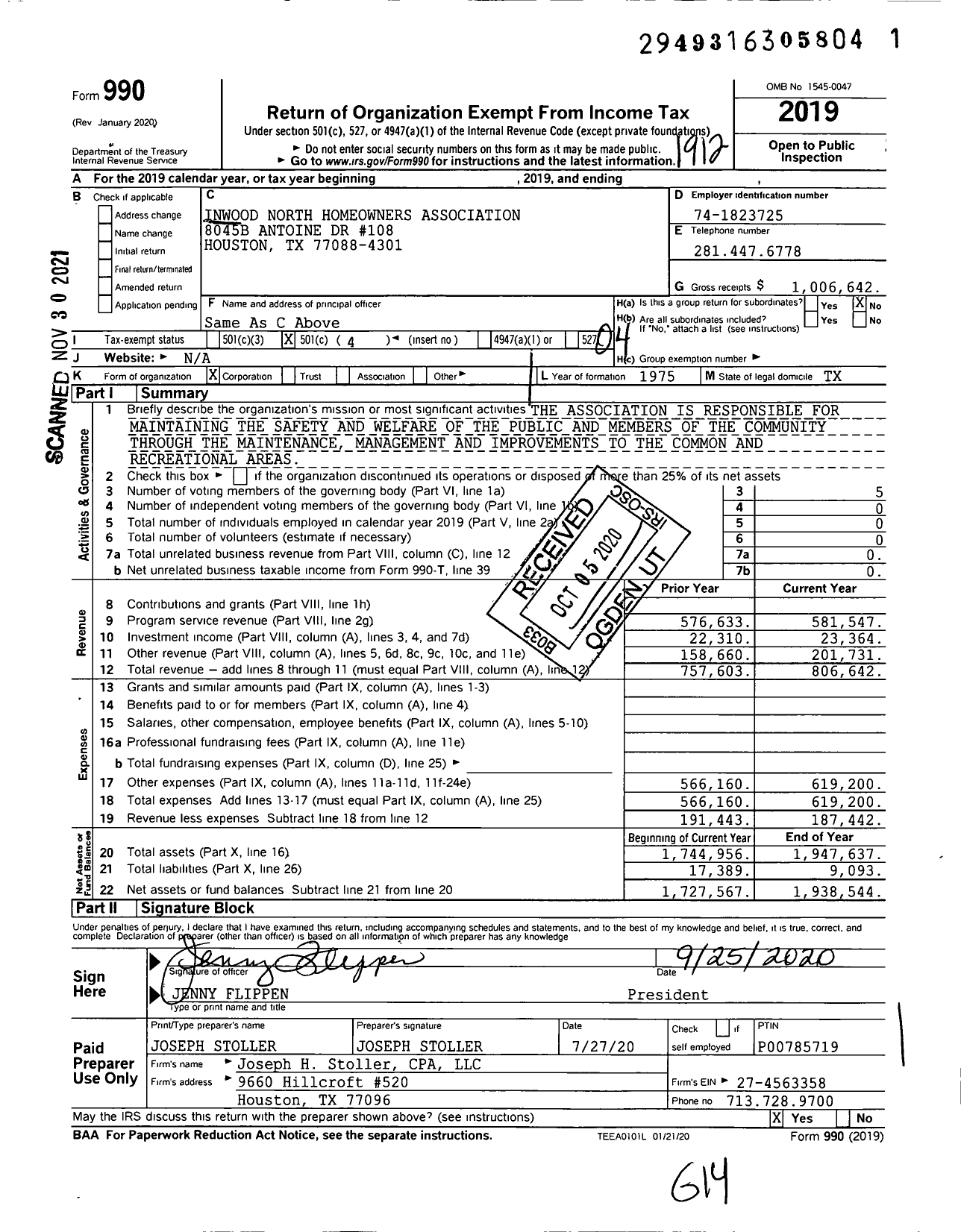 Image of first page of 2019 Form 990O for Inwood North Homeowners Association