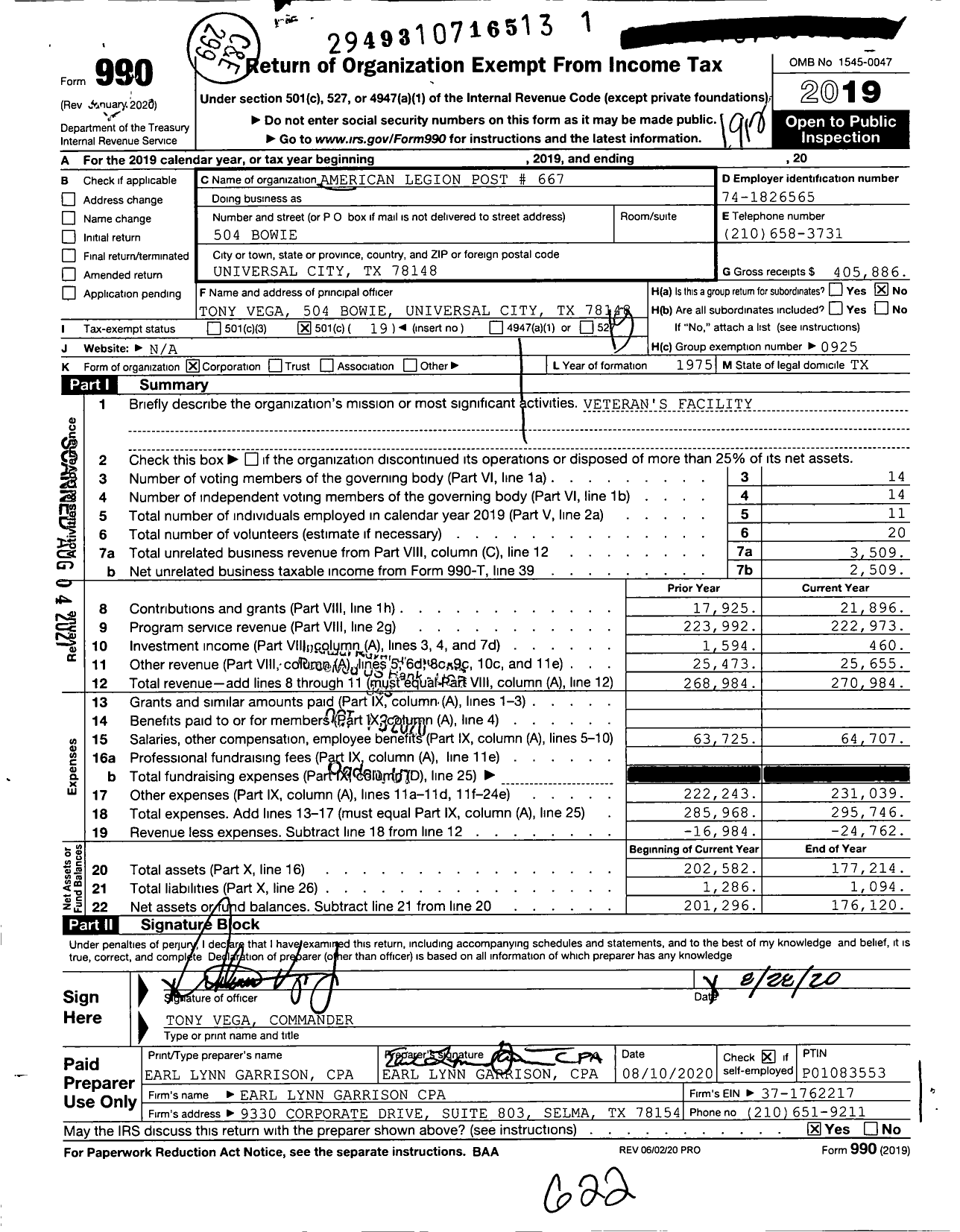 Image of first page of 2019 Form 990O for American Legion Post 667