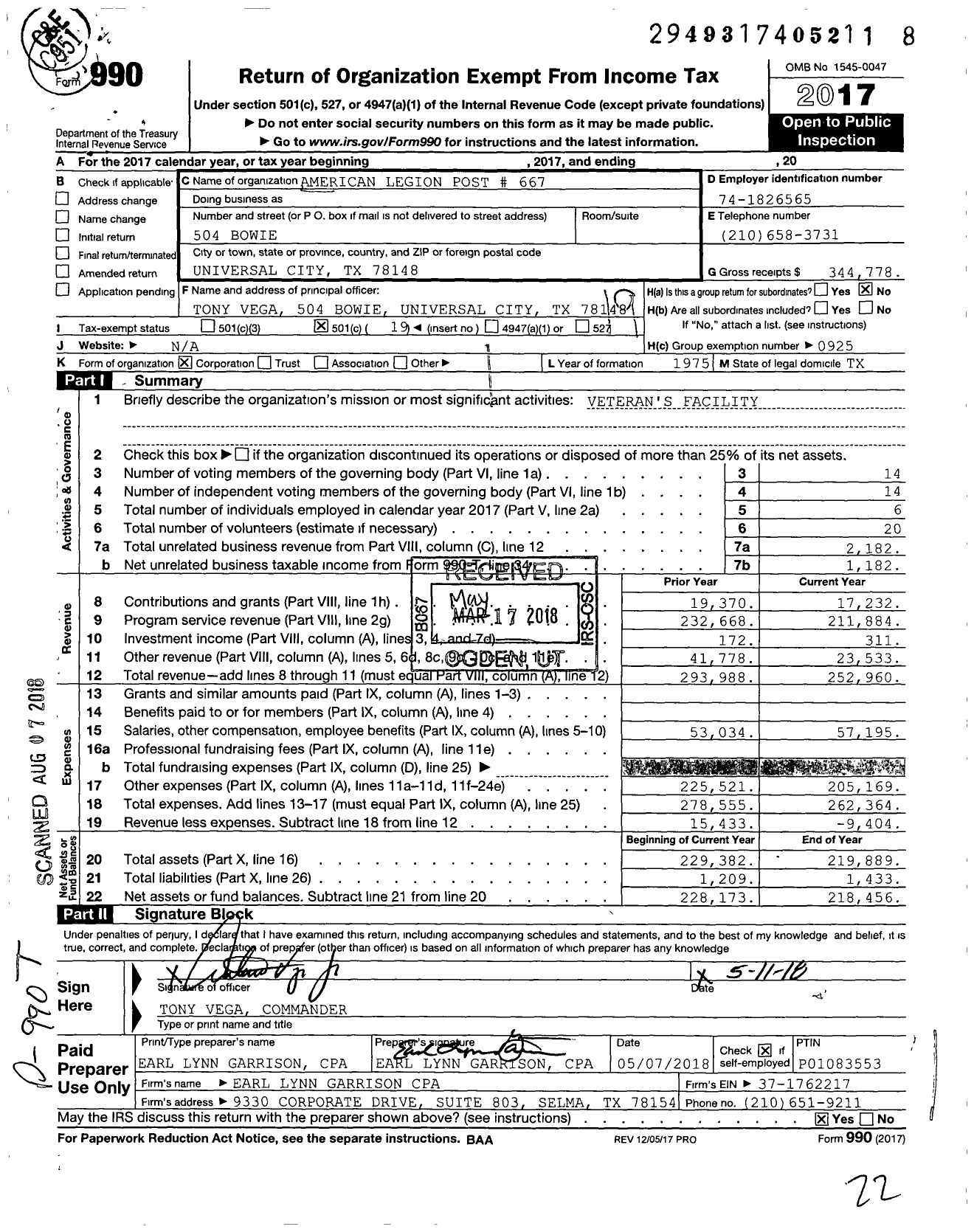 Image of first page of 2017 Form 990O for American Legion Post 667