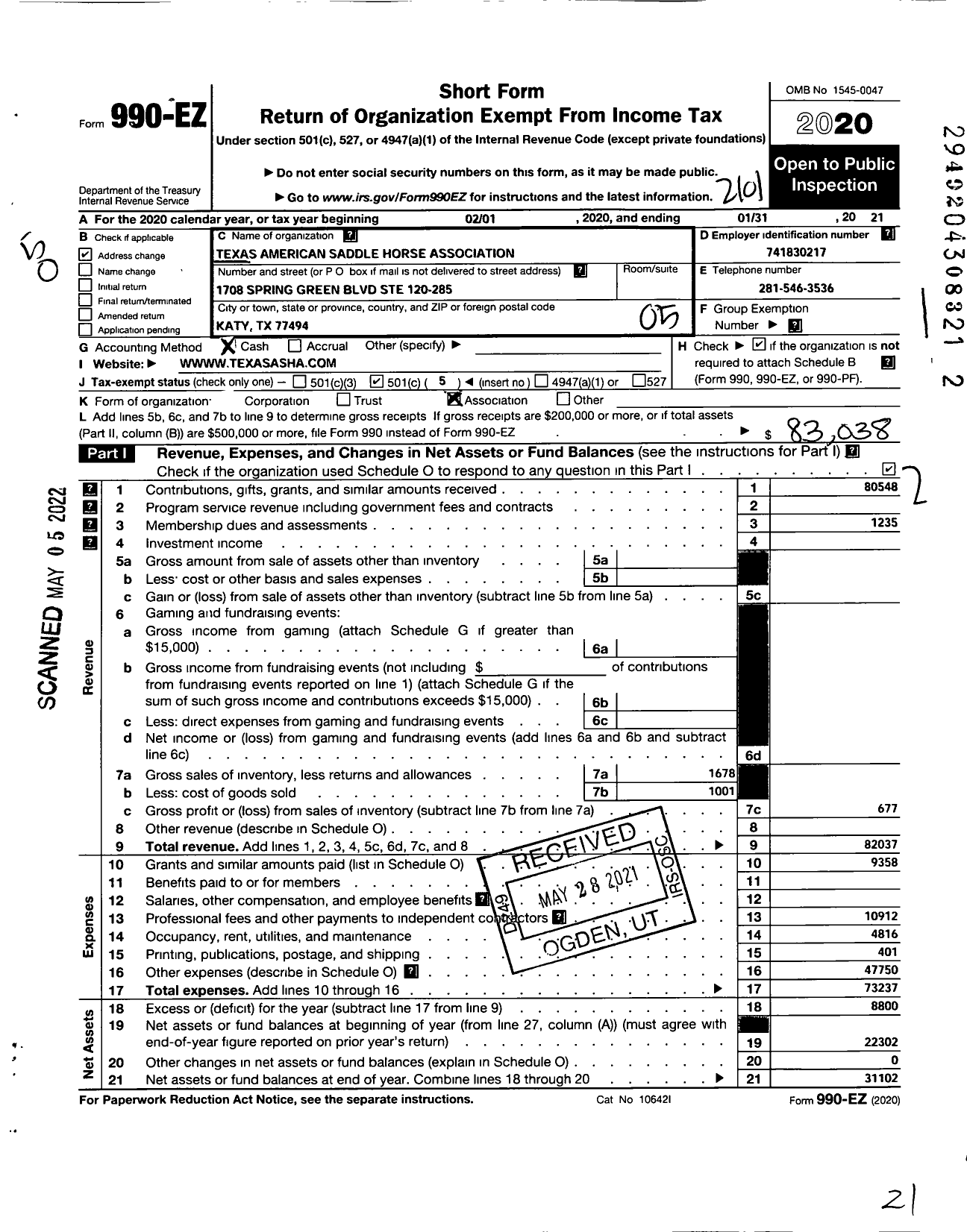 Image of first page of 2020 Form 990EO for Texas American Saddle Horse Association Incorporated