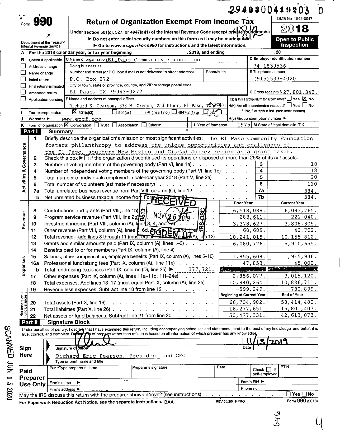 Image of first page of 2018 Form 990 for El Paso Community Foundation