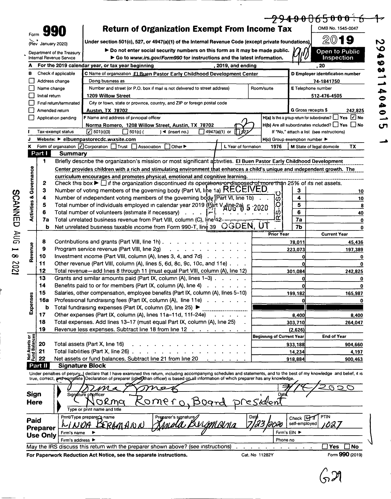 Image of first page of 2019 Form 990 for El Buen Pastor Early Childhood Development Center