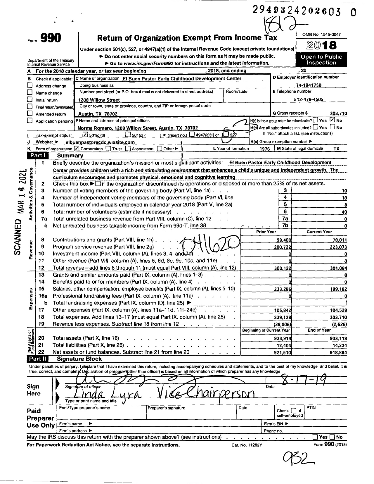 Image of first page of 2018 Form 990 for El Buen Pastor Early Childhood Development Center